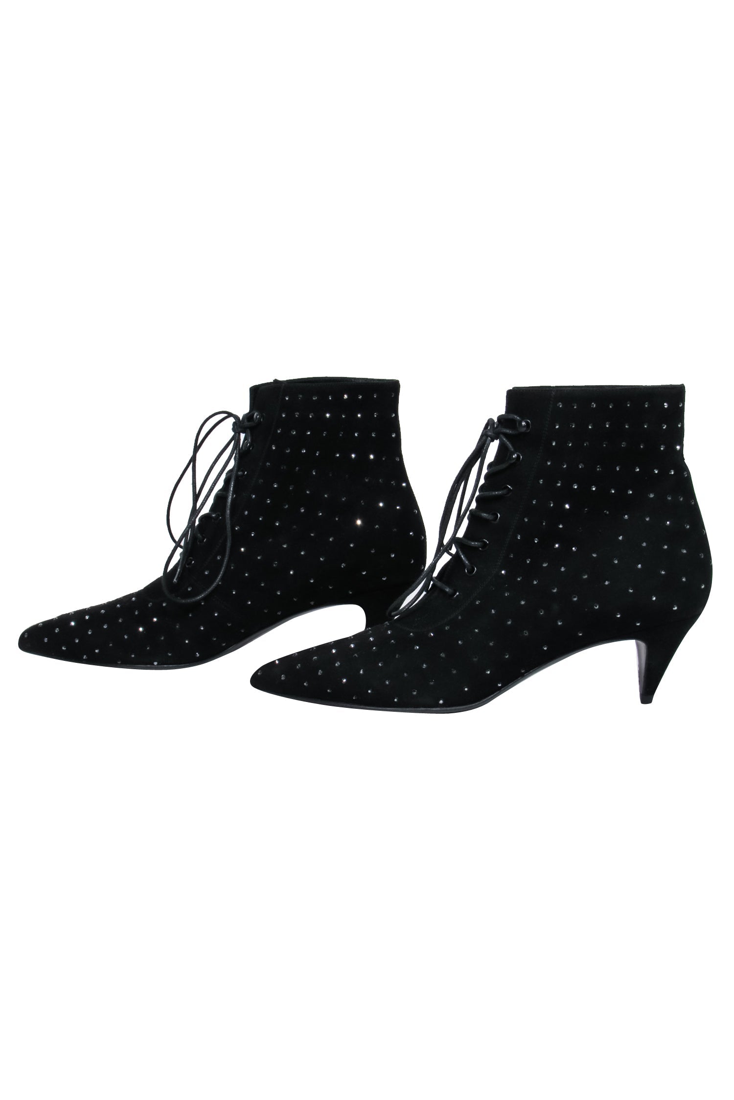 Glamorous Saint Laurent Black Suede Lace-Up Ankle Boots with Crystal Embellishments - Size 8
