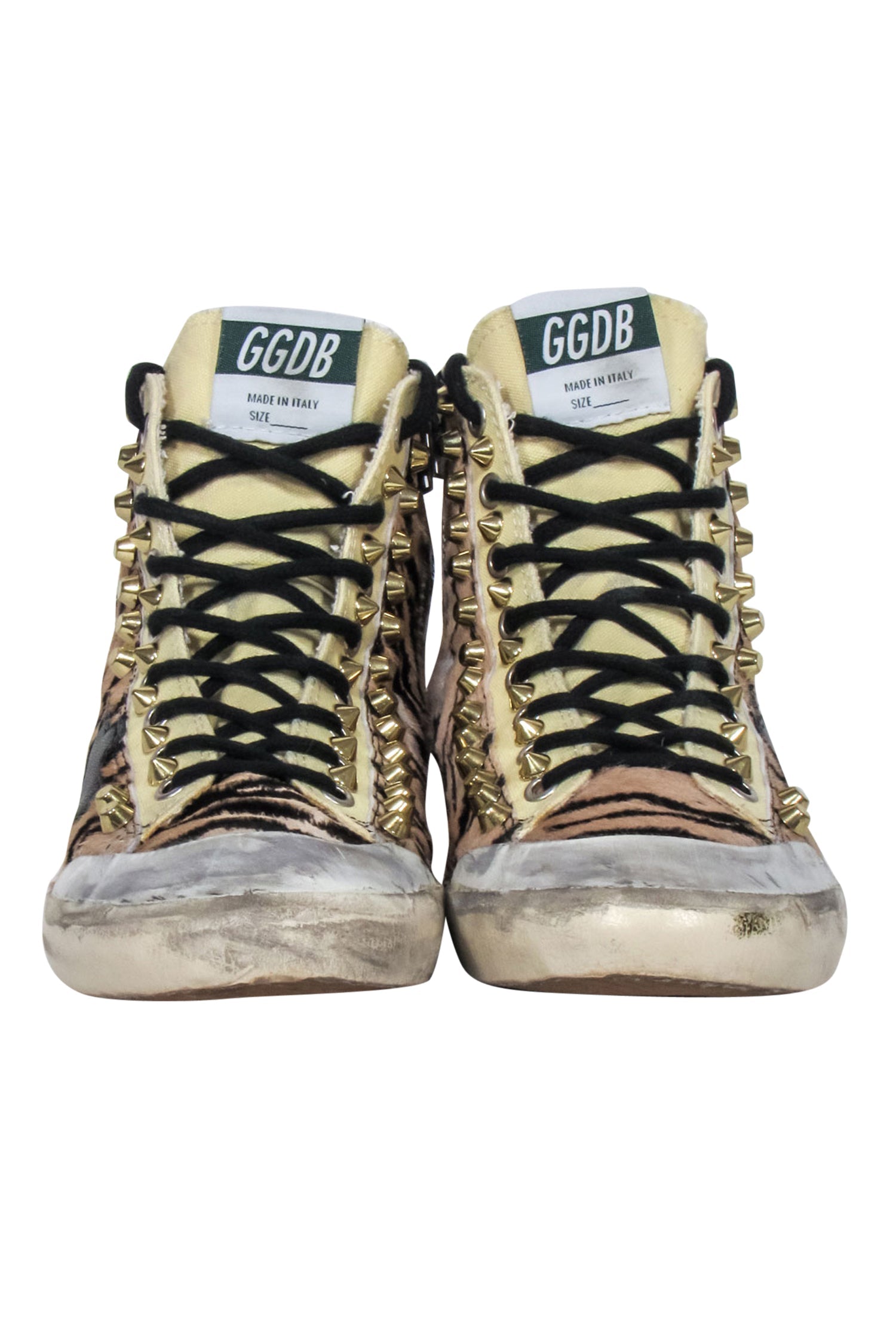 Golden Goose Beige & Black Tiger Print Studded High - Top Sneakers in Size 8 - Make a Statement!