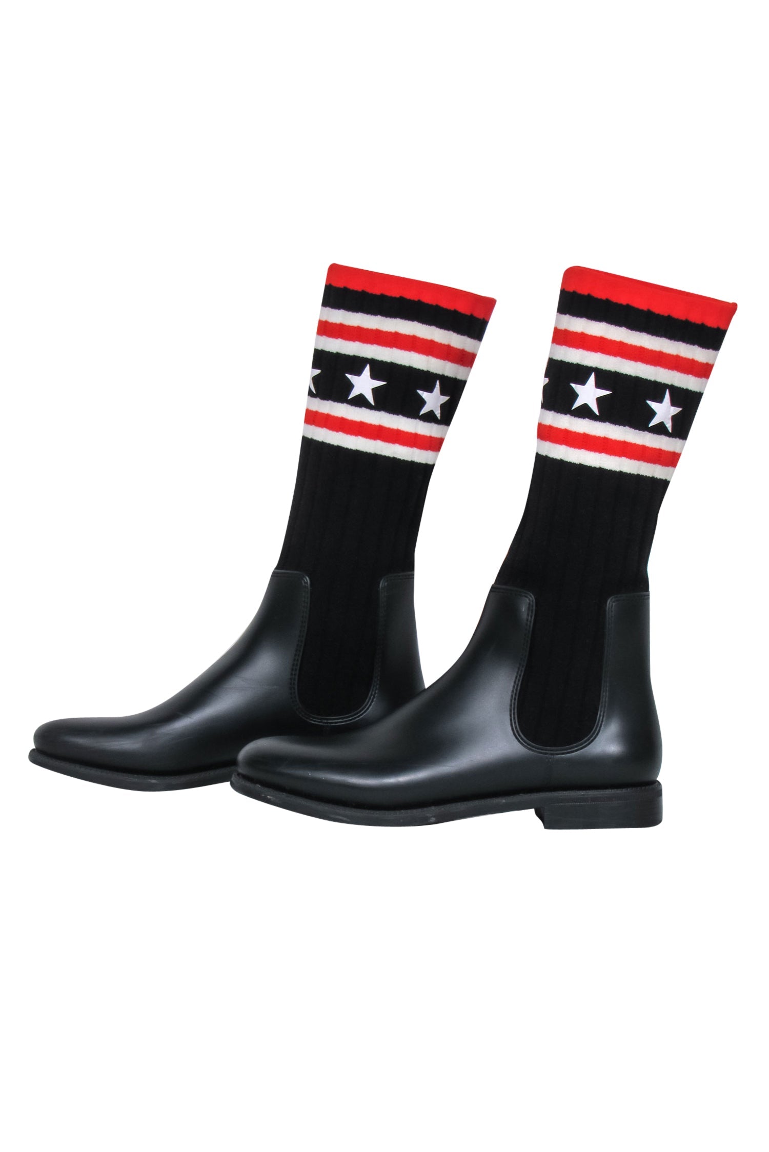Givenchy - Stunning Black Rubber & Ribbed Sock-Style Boots with Stars & Stripes Print, Size 8