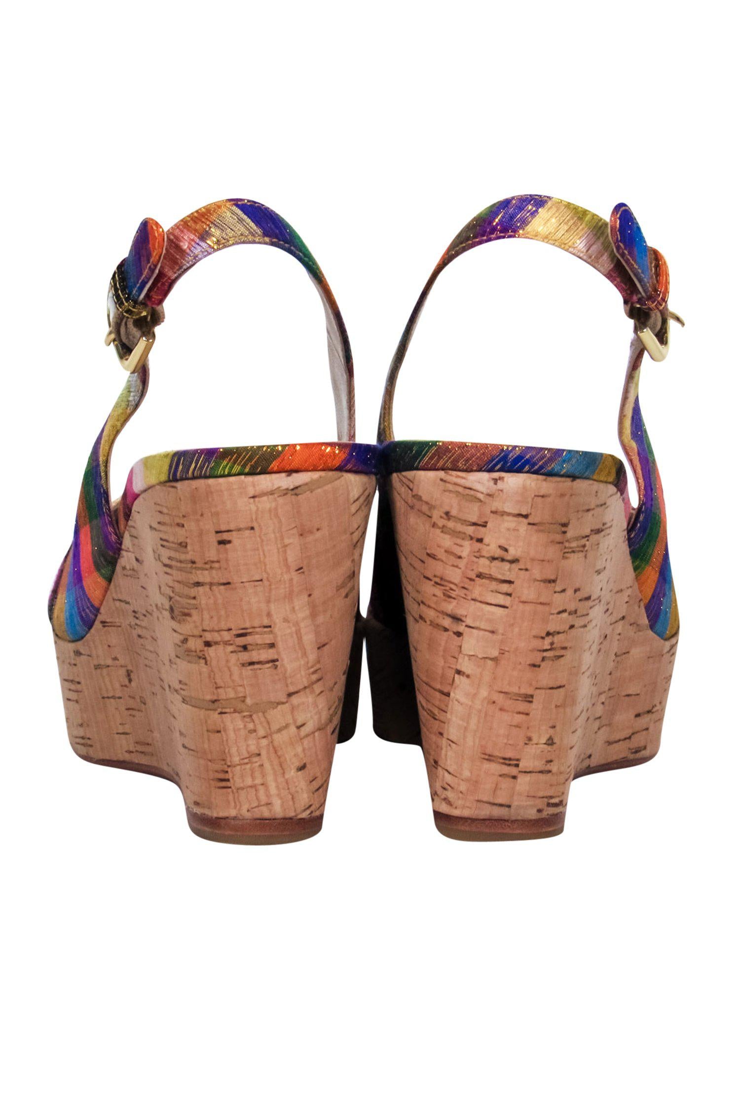 Stuart Weitzman's Glamorous Multicolored Metallic Plaid Peep Toe Slingback Cork Wedges - Size 7