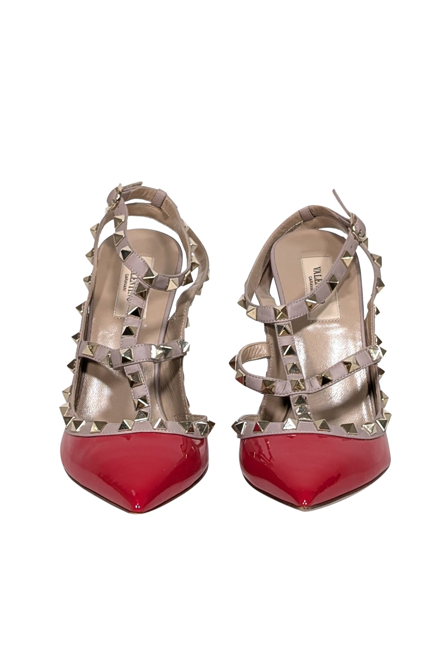 Valentino - Irresistible Red & Beige Studded Strappy Heels in Size 10.5