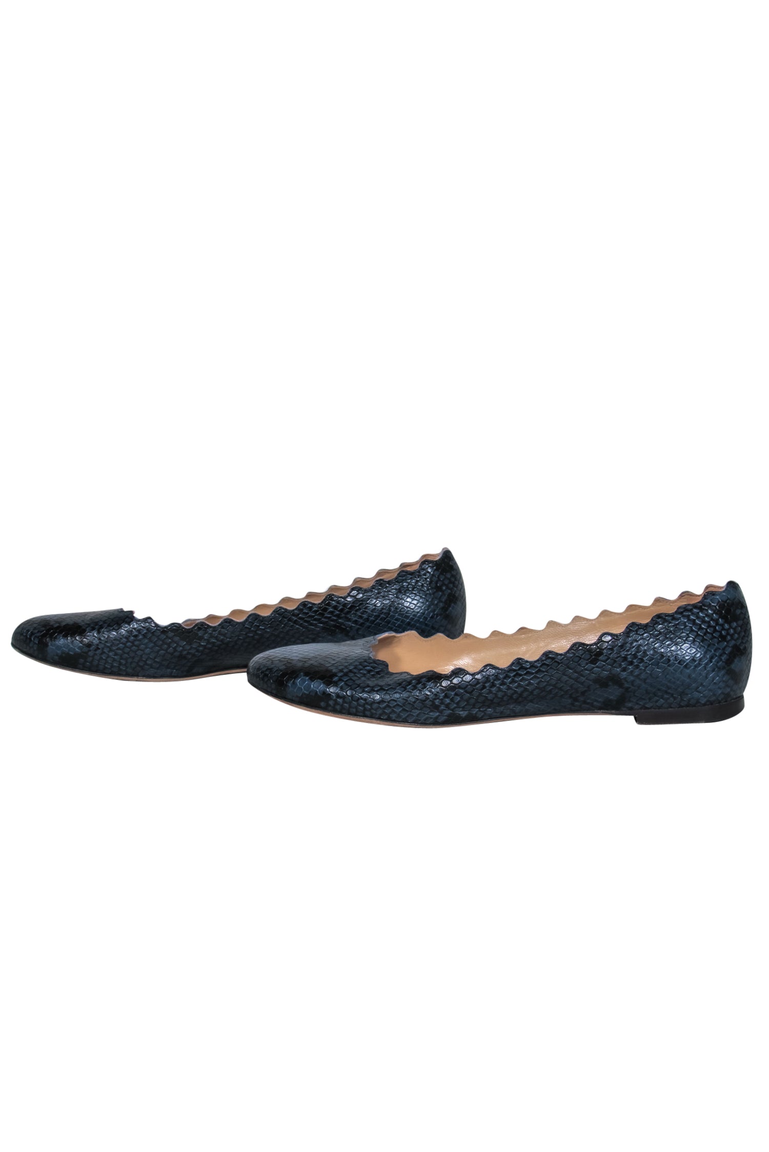 Chloe Navy Snakeskin Print Scalloped Flats - Size 9.5