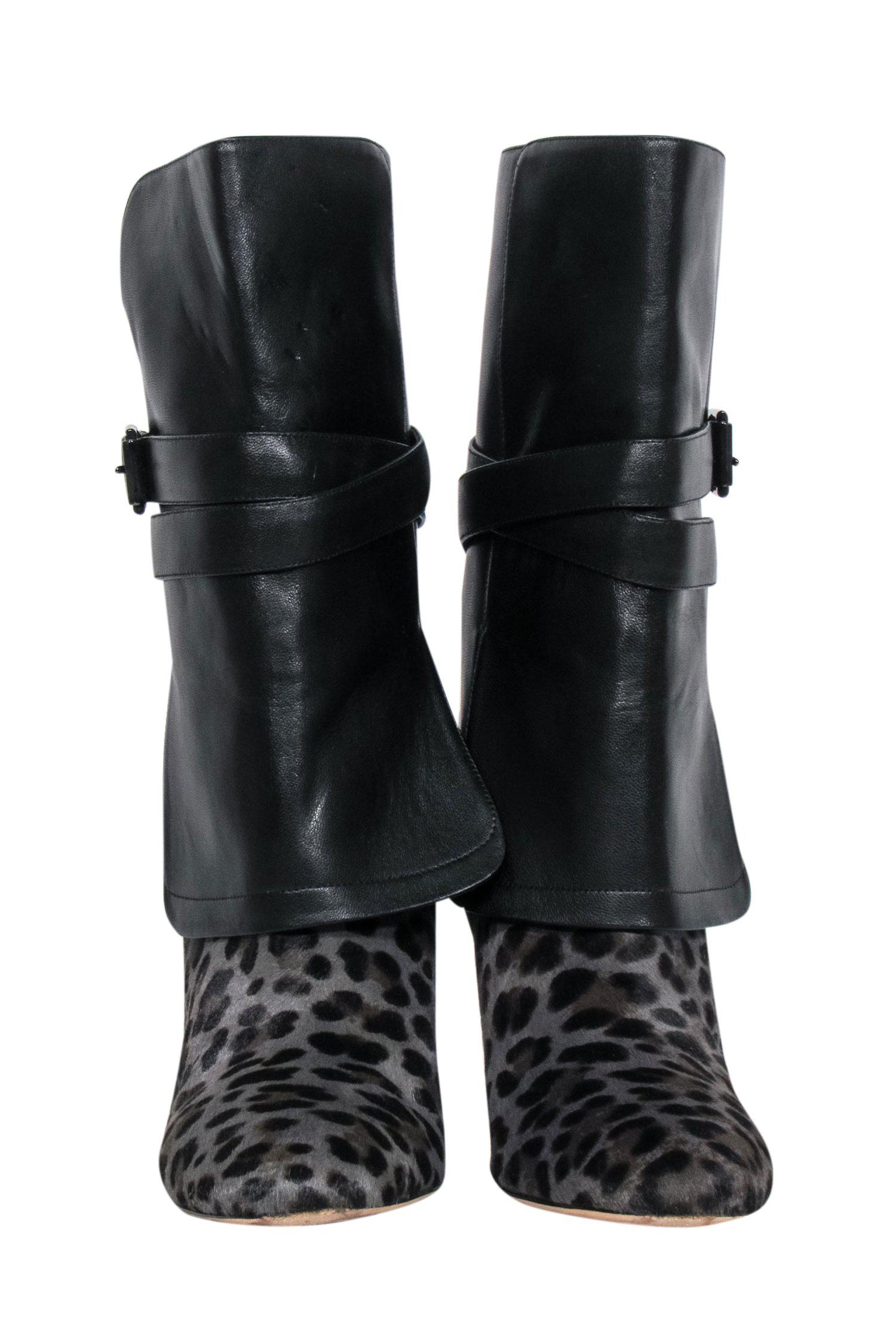 Jimmy Choo Black & Leopard Print Leather & Calf Hair Heeled Booties - Size 8 - Exquisite Clubwear