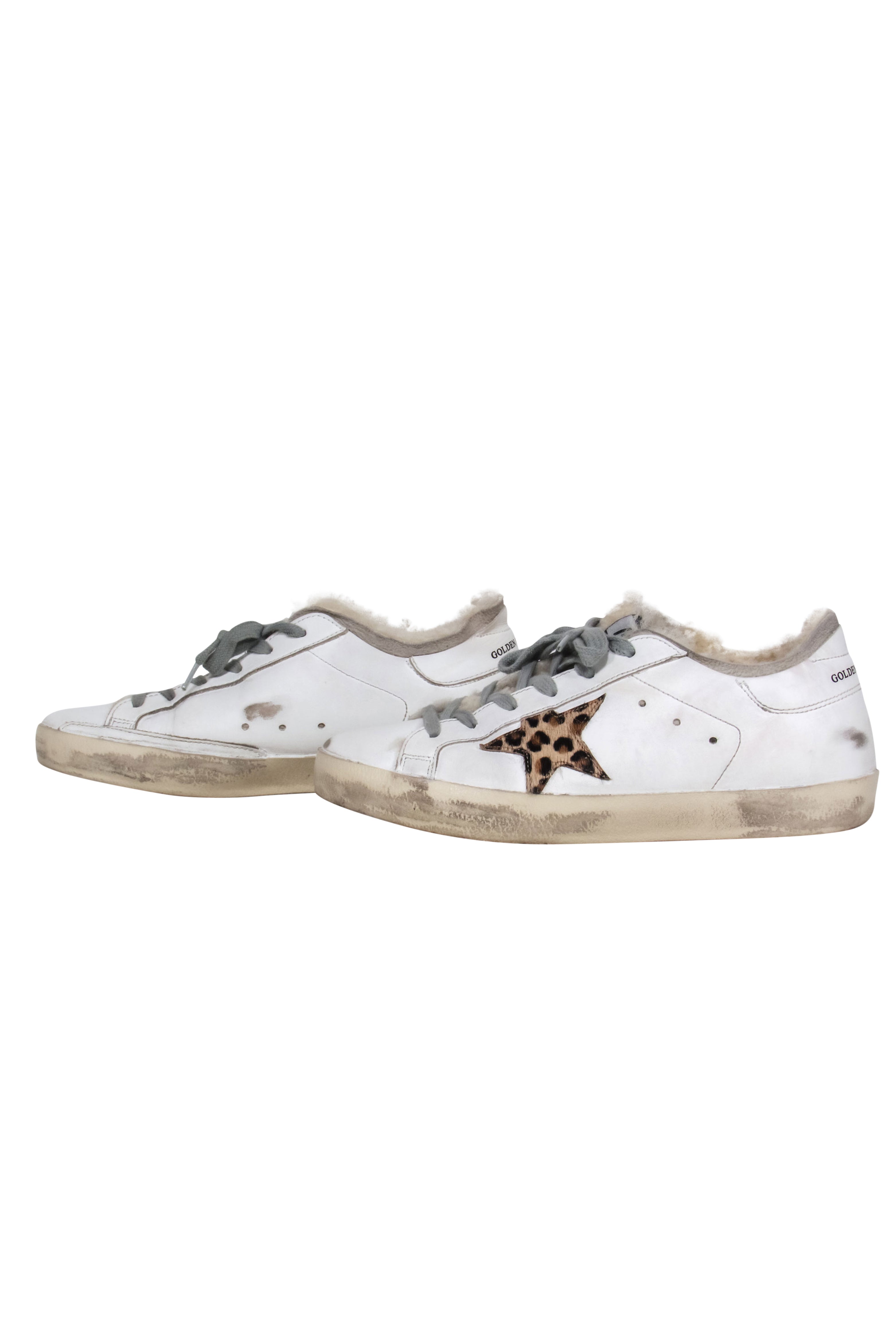 Golden Goose White Superstar Sherpa-Lined Lace-Up Sneakers with Leopard Star - Size 7