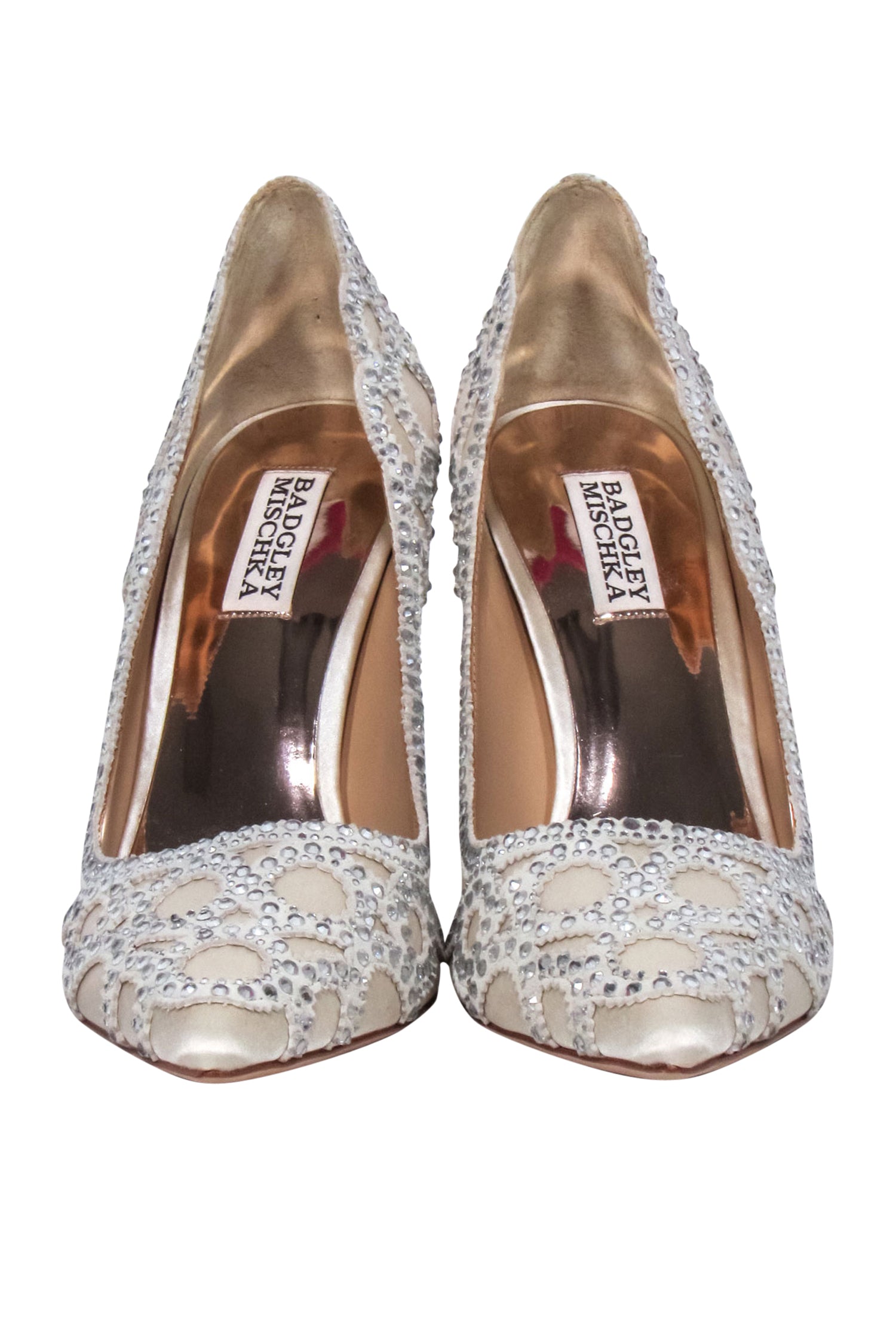 Badgley Mischka Ivory Satin Jewel-Trimmed Pointed Toe Pumps - Size 8.5
