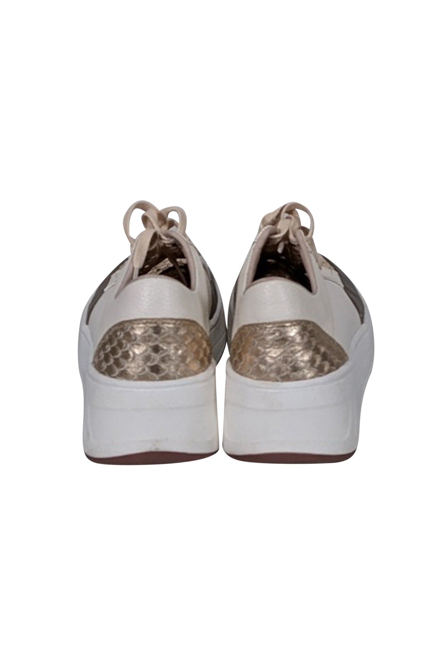 Nora Lozza Ivory Luxury Sneakers with Gold Snake Skin Embossed Leather - Size 5