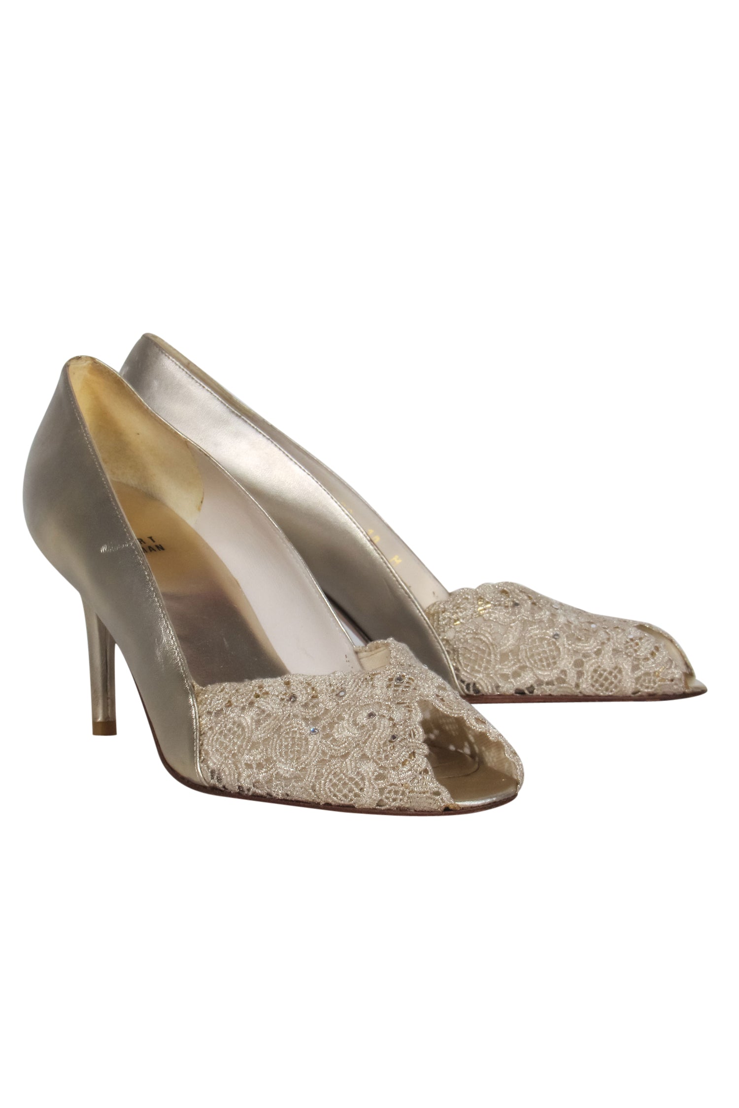Stuart Weitzman - Glamorous Champagne Metallic Leather Lace Peep Toe Pumps Size 10
