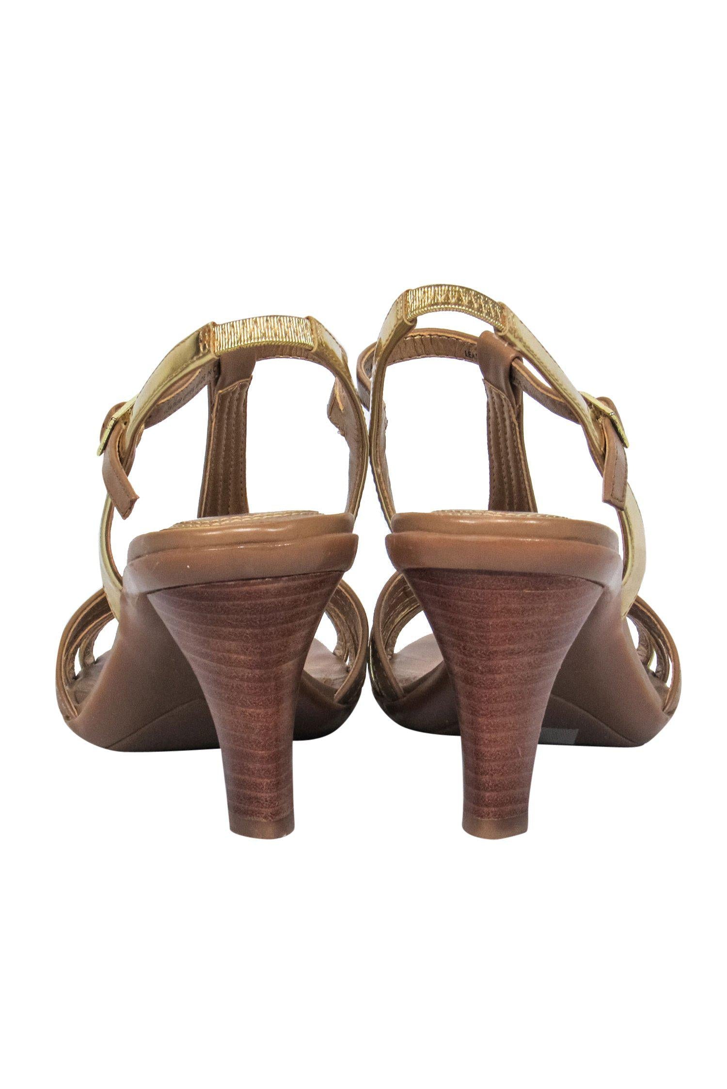 Tahari's Stunning Tan & Gold Leather Strappy Pumps - Size 7.5