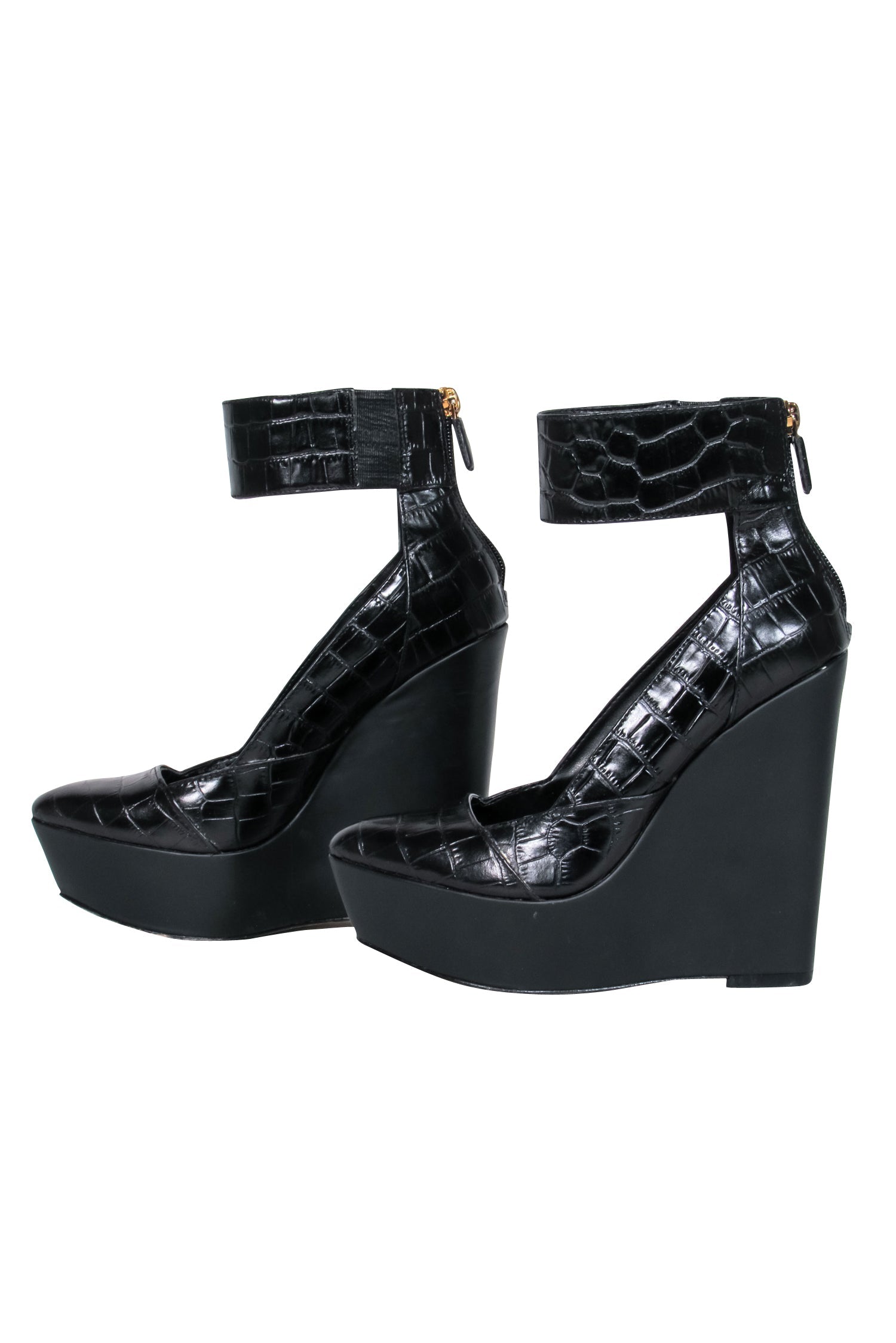 BCBG Max Azria Black Croc Embossed Platform Wedges - Size 6, Sultry Style!