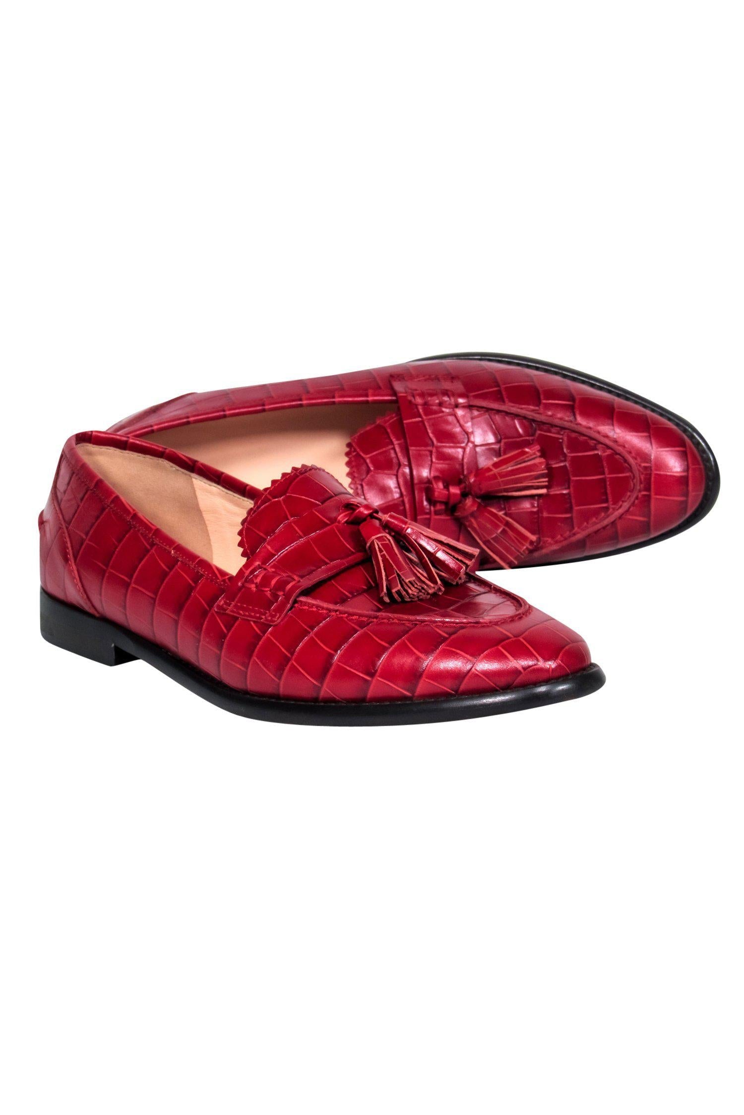 J.Crew Red Crocodile Embossed Tasseled Loafers - Size 9