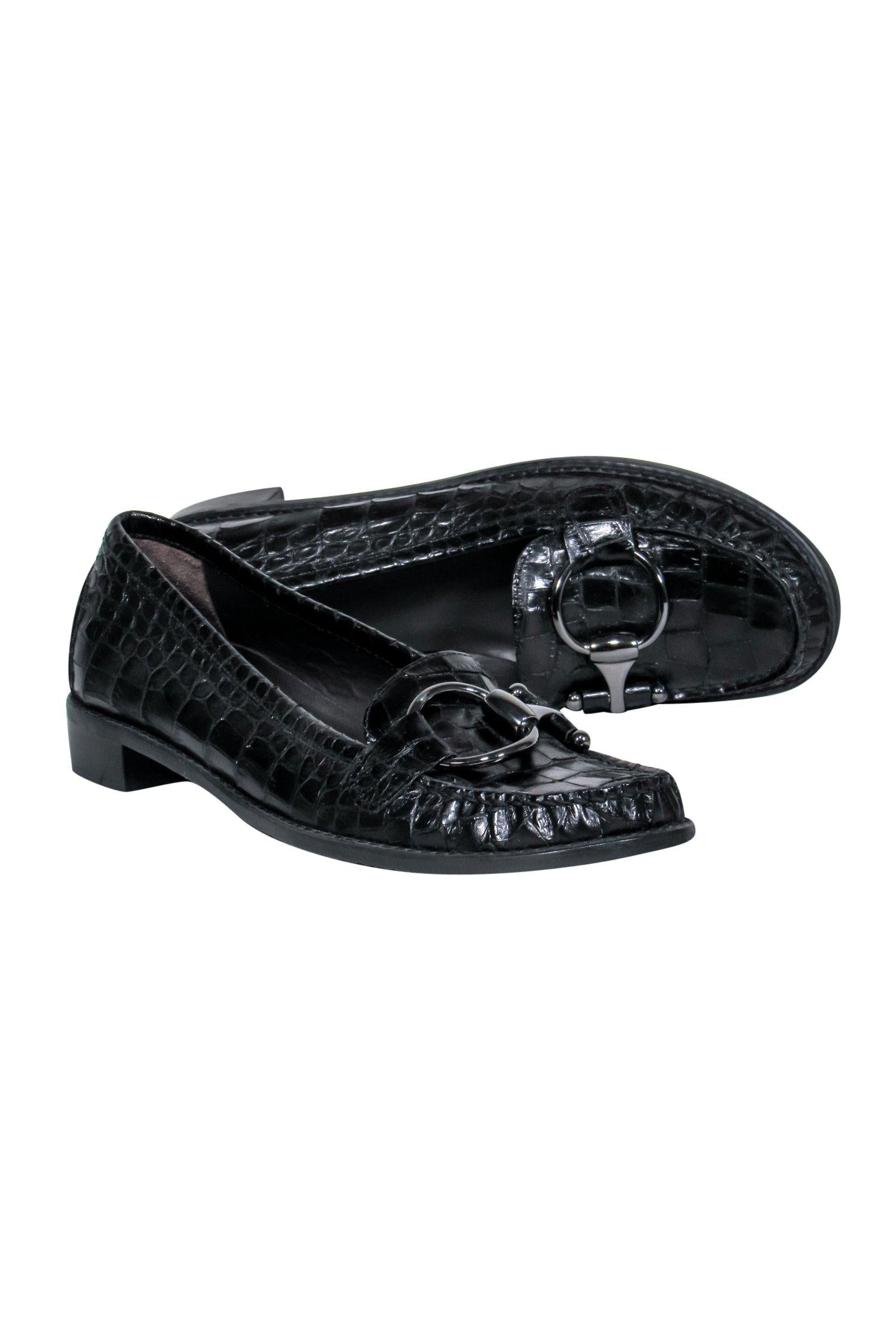 Stuart Weitzman's Stunning Black Reptile Textured Loafers with Horsebit Buckle - Size 8.5