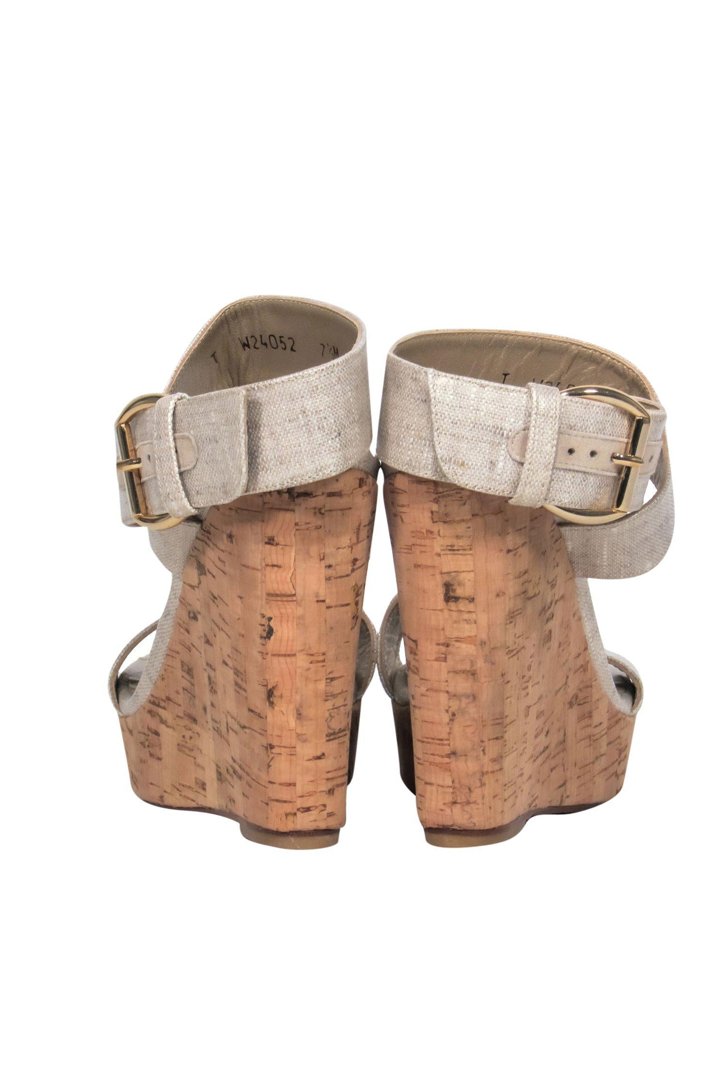 Stuart Weitzman's Gorgeous Champagne Strappy Cork Platform Wedges - Size 7.5