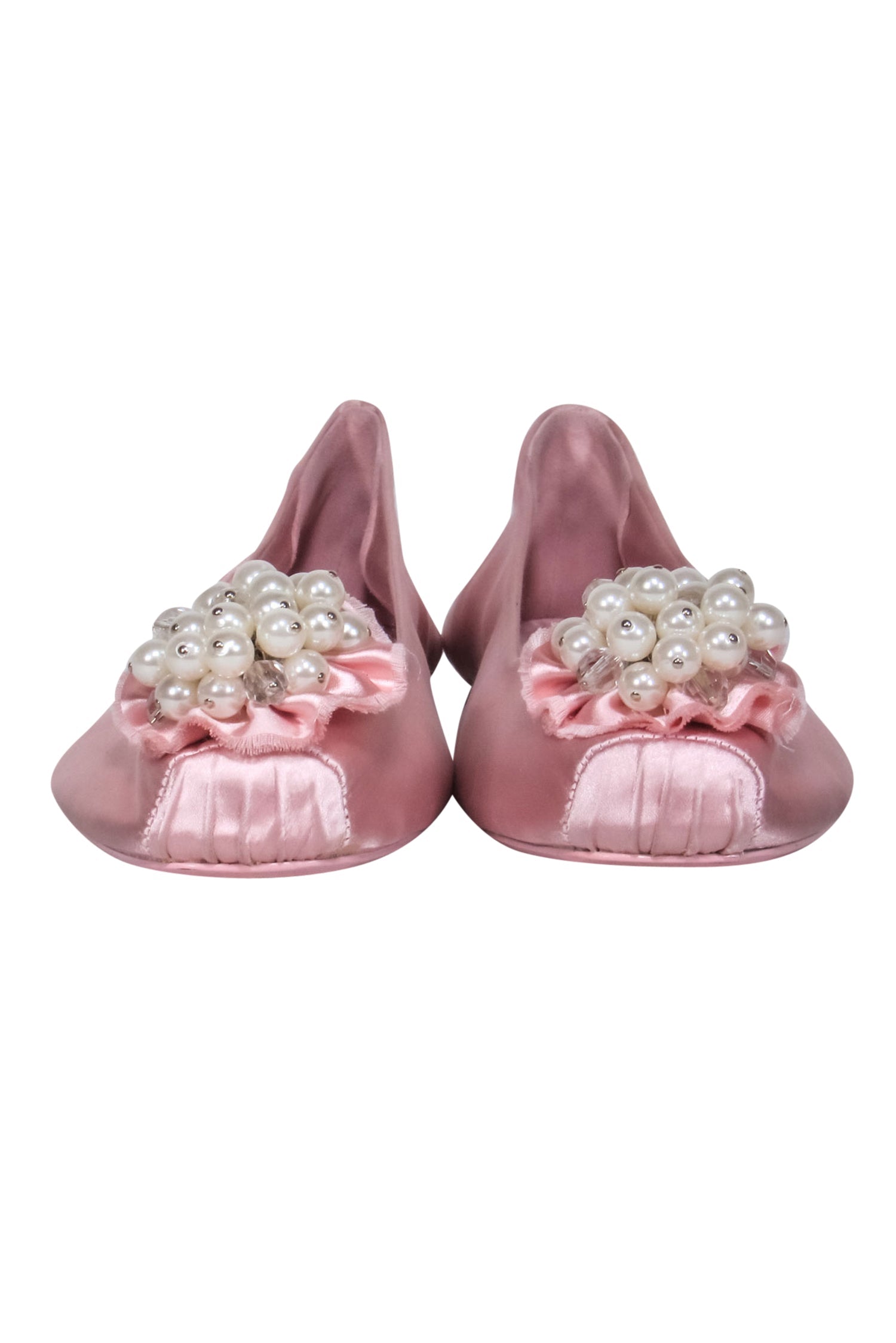 Kate Spade Baby Pink Satin Ballet Flats: Glamorous Ruffled, Pearl & Crystal Delight, Size 9.5