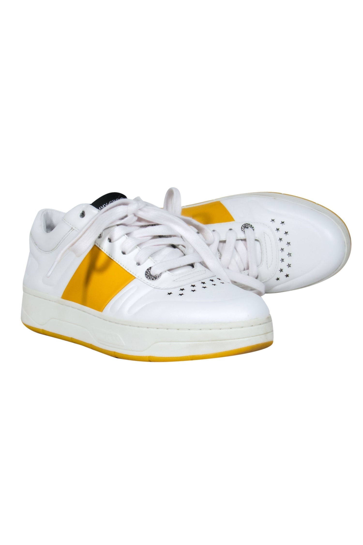 Jimmy Choo's Stunning White & Yellow Leather Lace - Up Sneakers with Crystal Star Hardware, Size 7.5