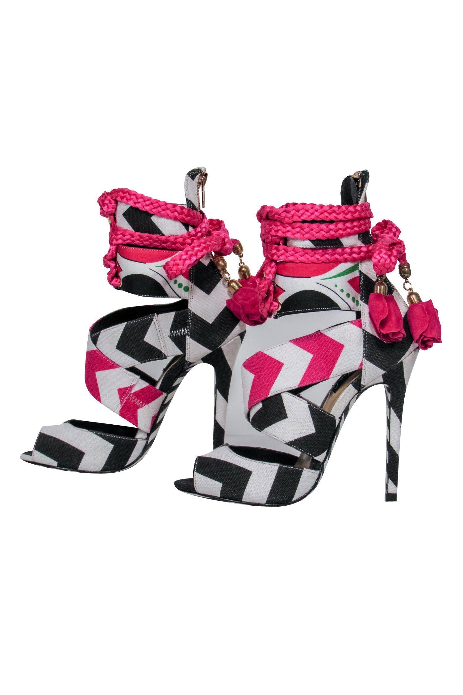 Alejandra G. Black & White Chevron Lace - Up Santiago Stilettos with Pink Rose Tassels (Size 6)