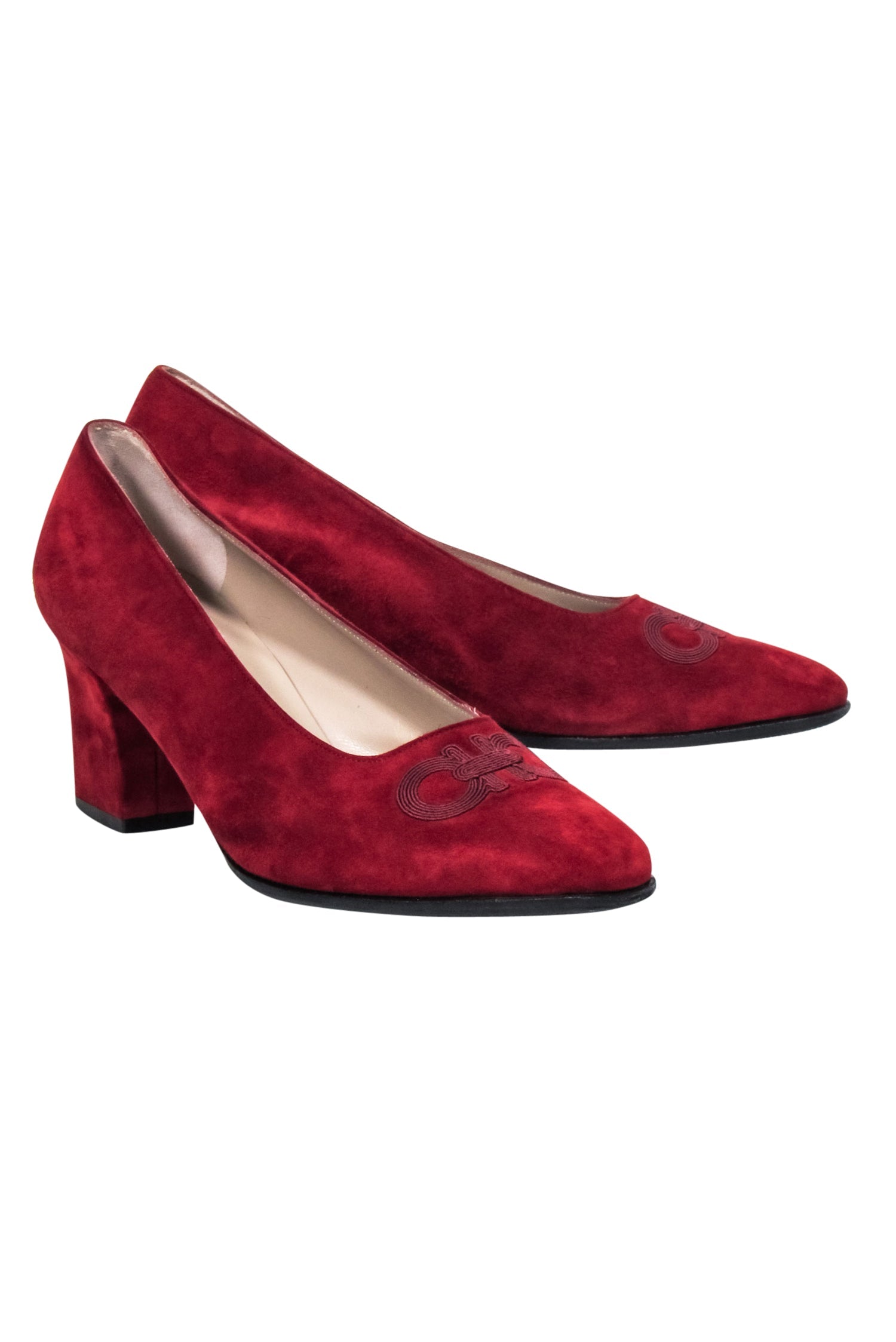 Ferragamo Red Calf Suede Pumps with Logo Stitching - Size 9.0