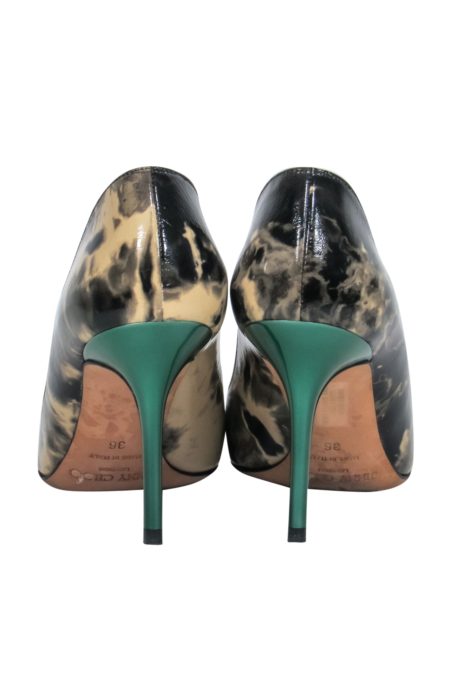 Jimmy Choo Black & Beige Marbled Patent Leather Pointed Toe Pumps with Stunning Green Heels - Size 6
