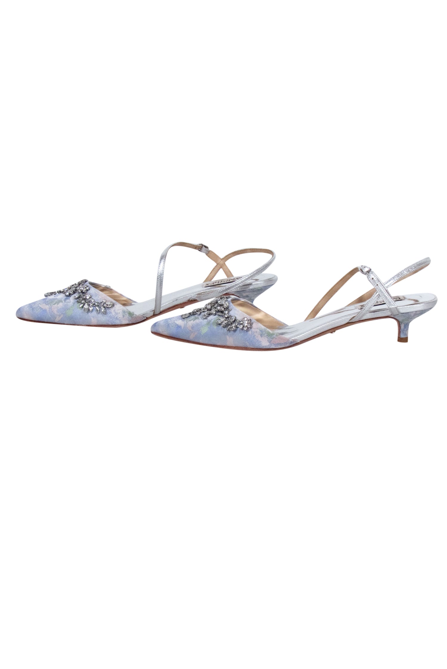 Badgley Mischka Blue Floral Brocade Strappy Jewel-Trim Pointed Toe Pumps - Size 8