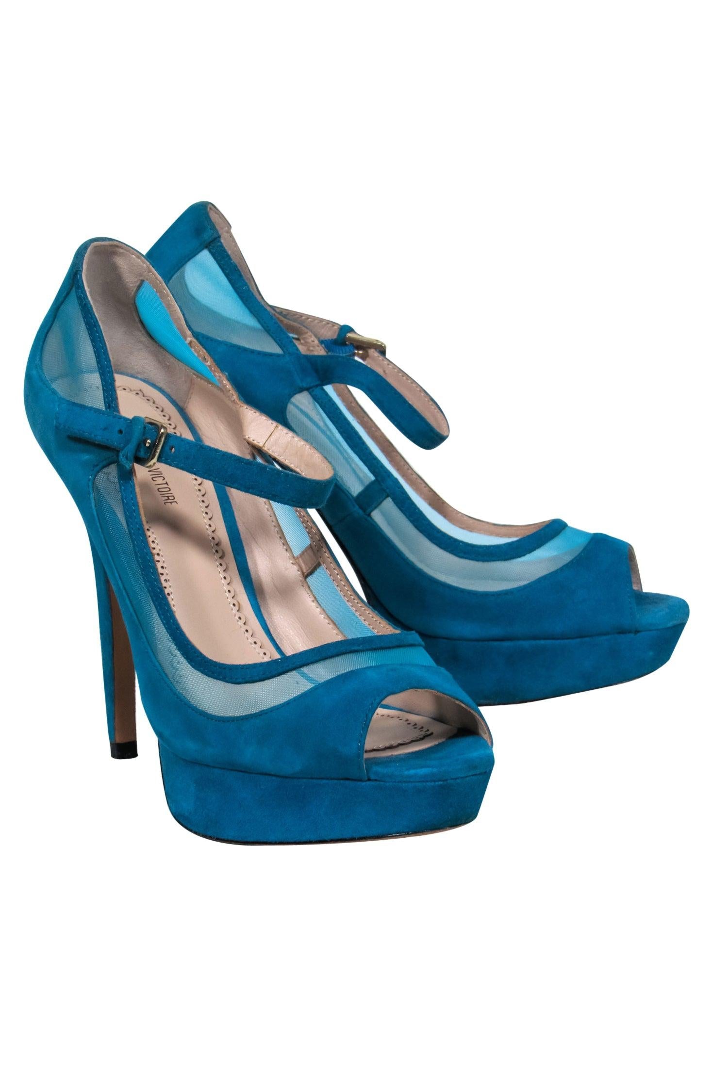 Pour La Victoire - Stunning Teal Suede Mary Jane Platform Pumps with Mesh, Size 8