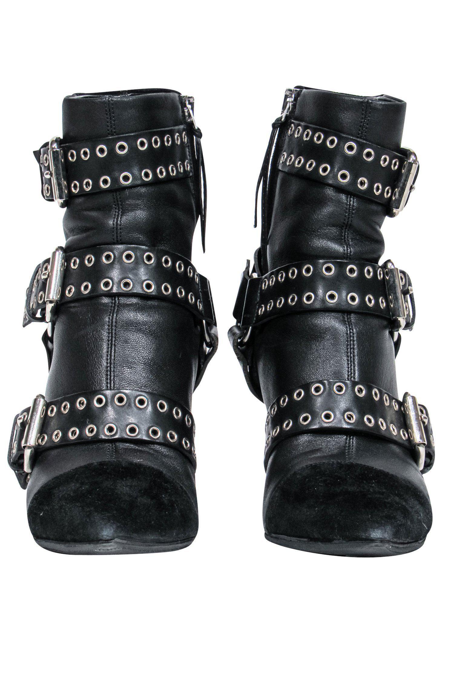 Isabel Marant Black Leather Buckled Heeled Booties with Suede Trim - Size 5.5