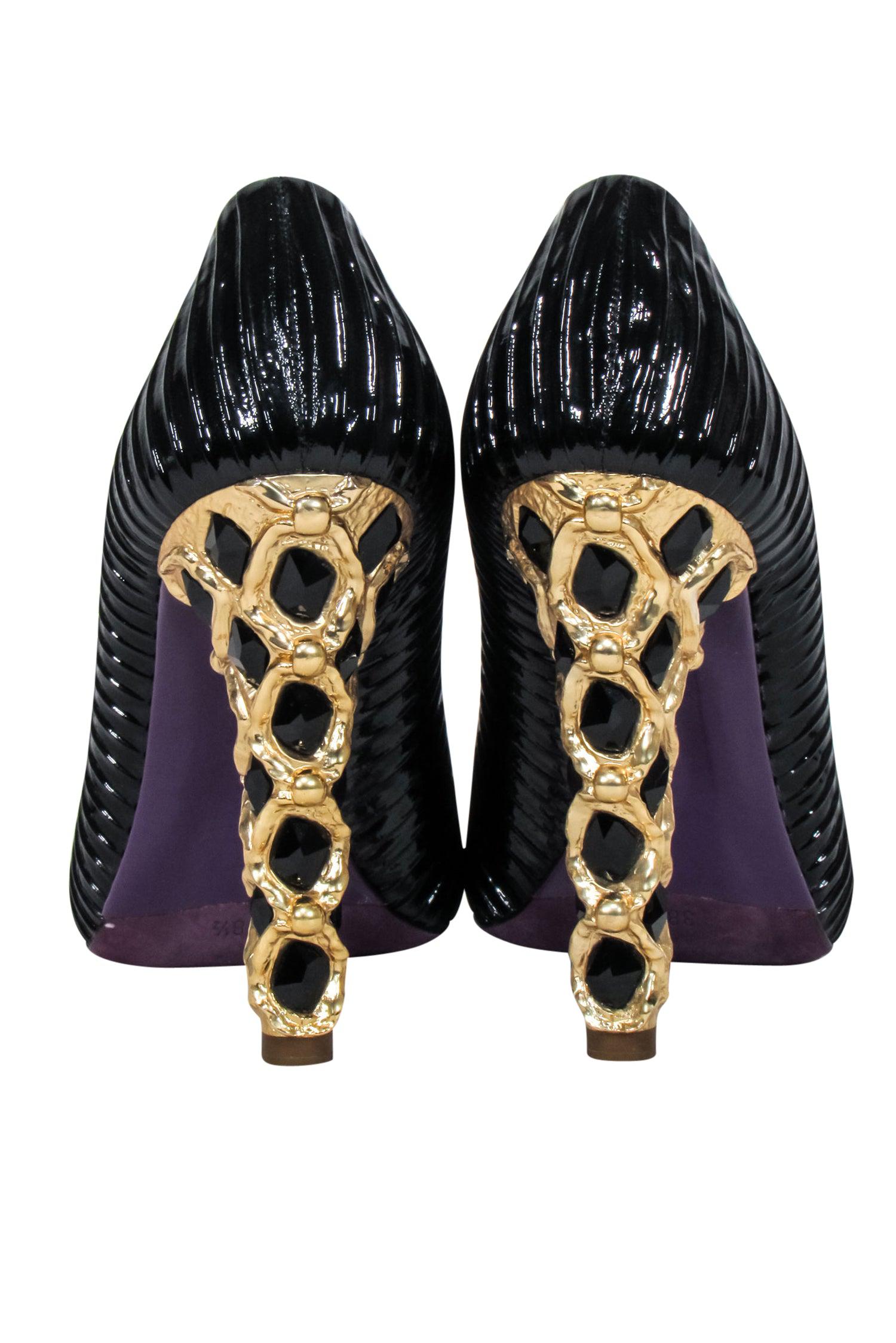 Miu Miu Black Pleated Patent Leather Heels with Rhinestone Embellished Gold Heel - Size 8.5