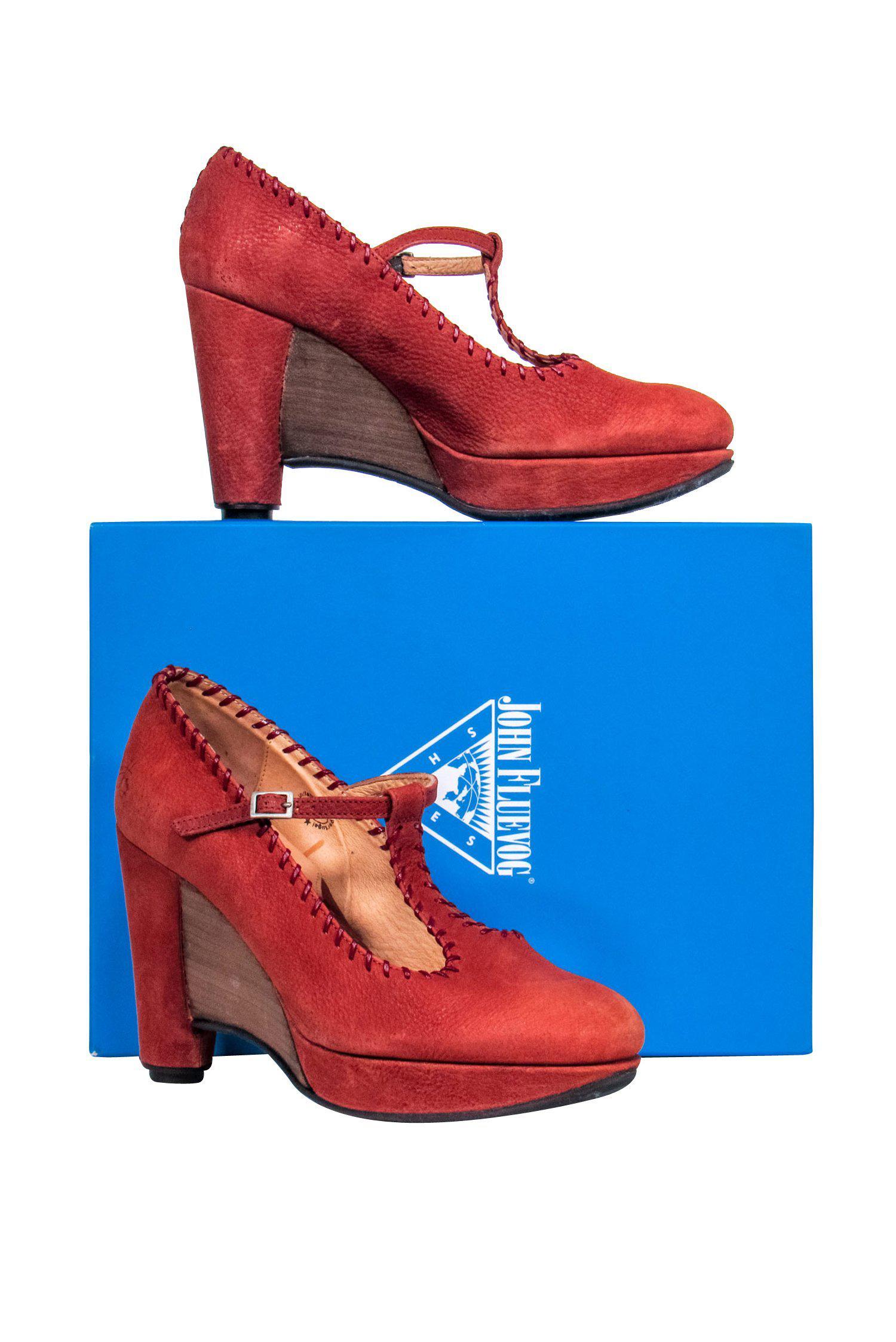John Fluevog Rust Leather T-Strap Wedge Heels - Size 9, A Whimsical Fashion Statement