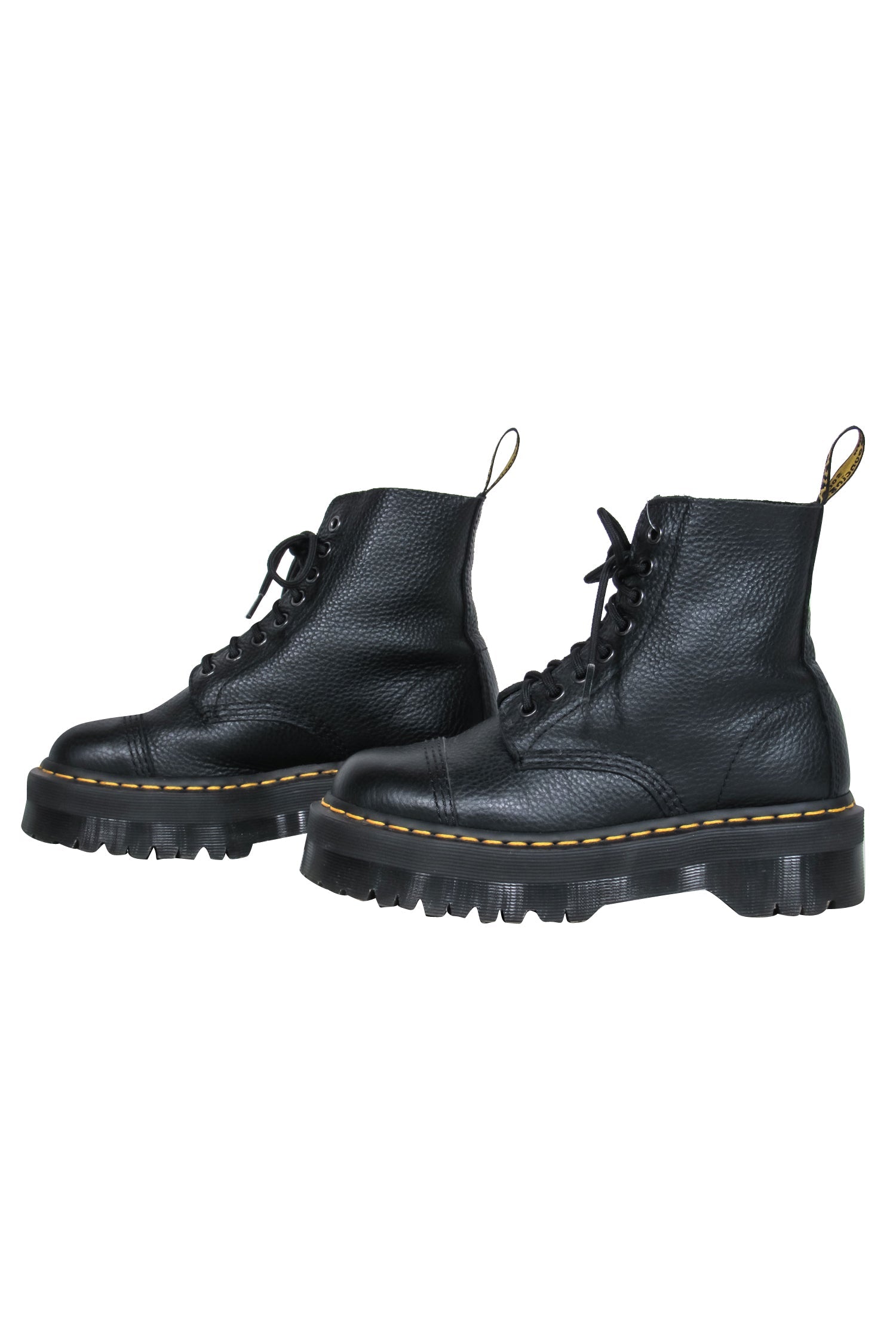 Dr. Martens - Stylish Black Pebbled Leather Platform Combat Boots, Size 7