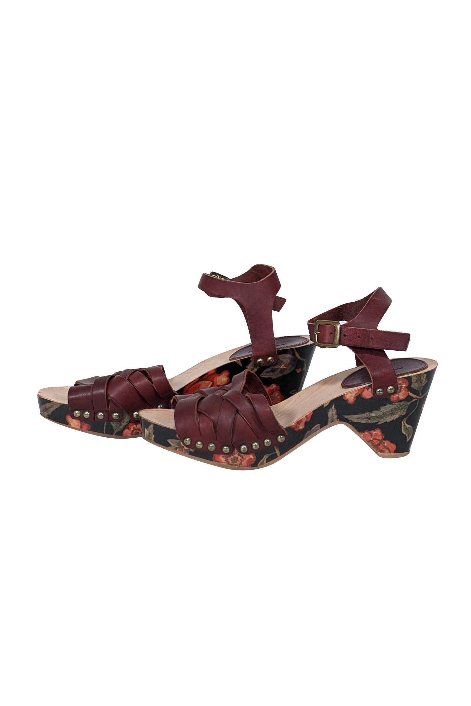 Isabel Marant's Stunning Maroon Floral Print Wooden Strappy Sandals - Size 9