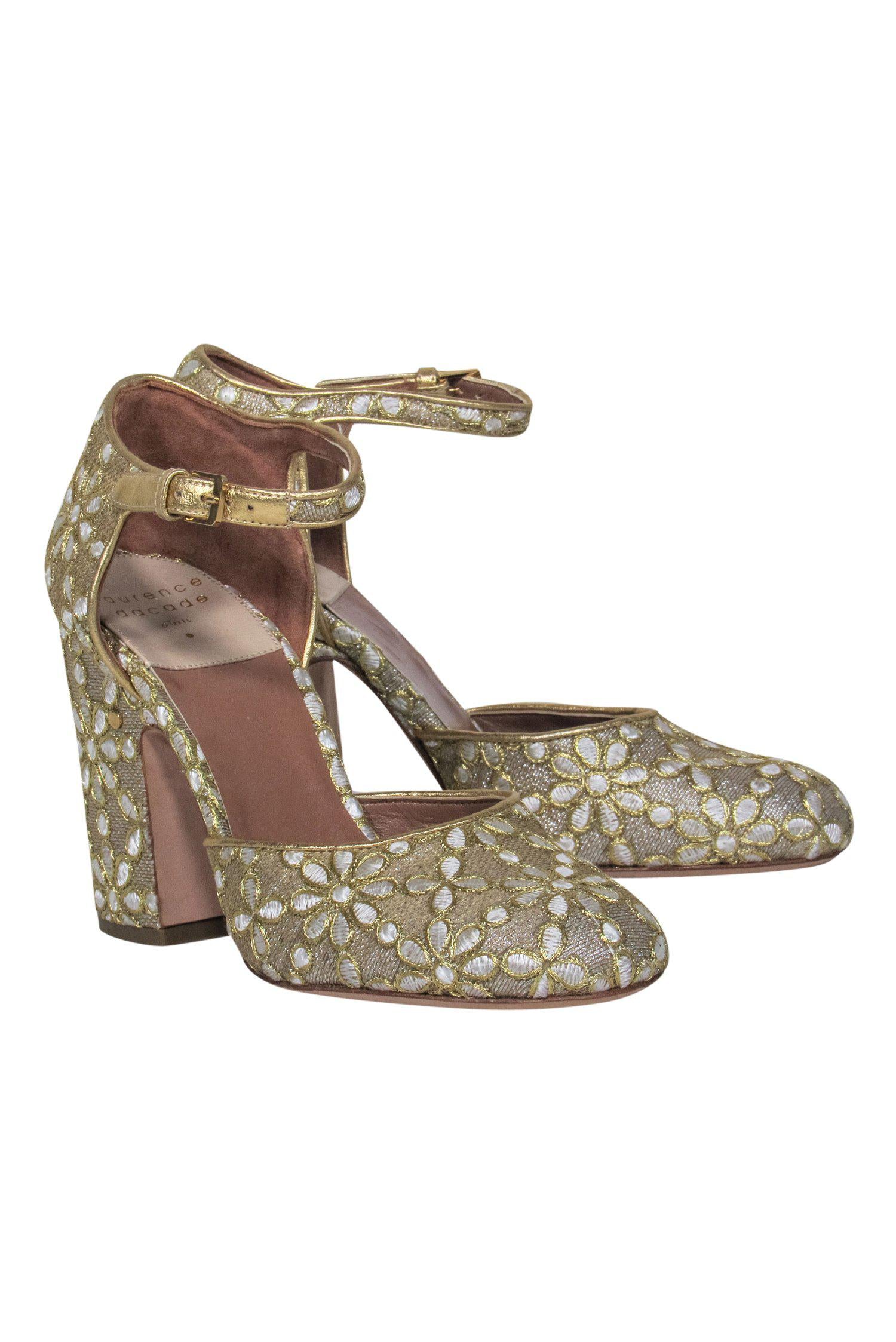 Laurence Dacade Gold Floral Embossed Mary Jane Pumps - Size 7