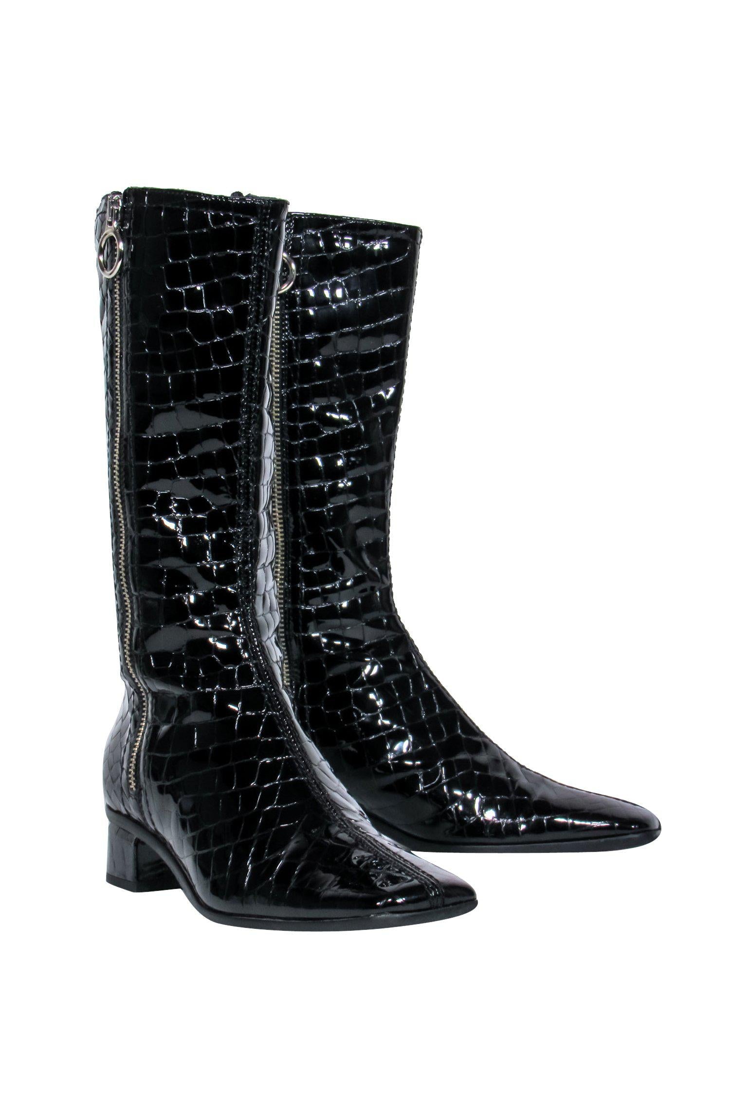 Aquatalia Black Patent Leather Crocodile Embossed Calf High Boots - Size 8.5 - Fashionable Safari Chic