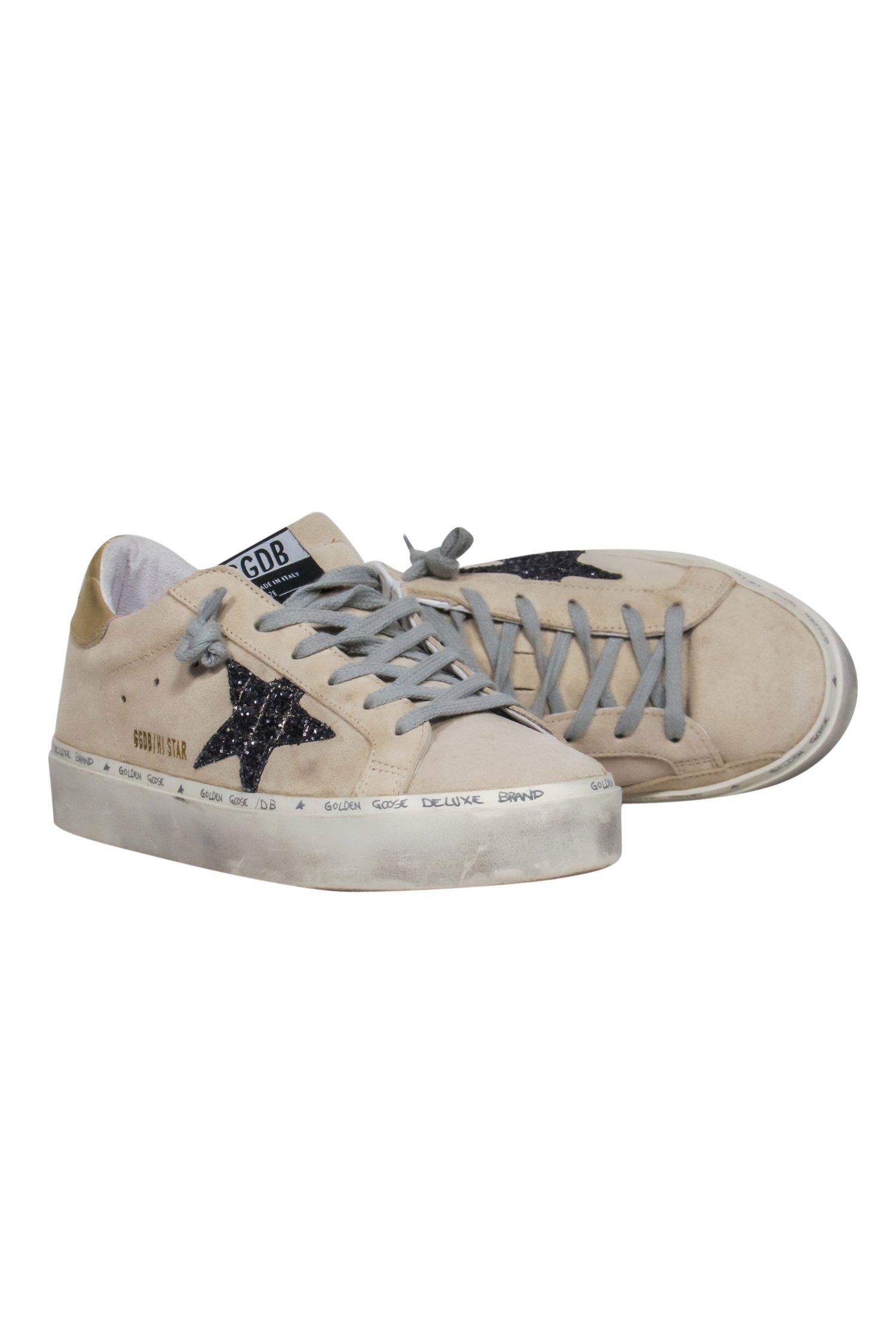 Golden Goose - Stunning Beige Suede Lace - Up Distressed Hi Star Sneakers with Sparkly Star Design, Size 8