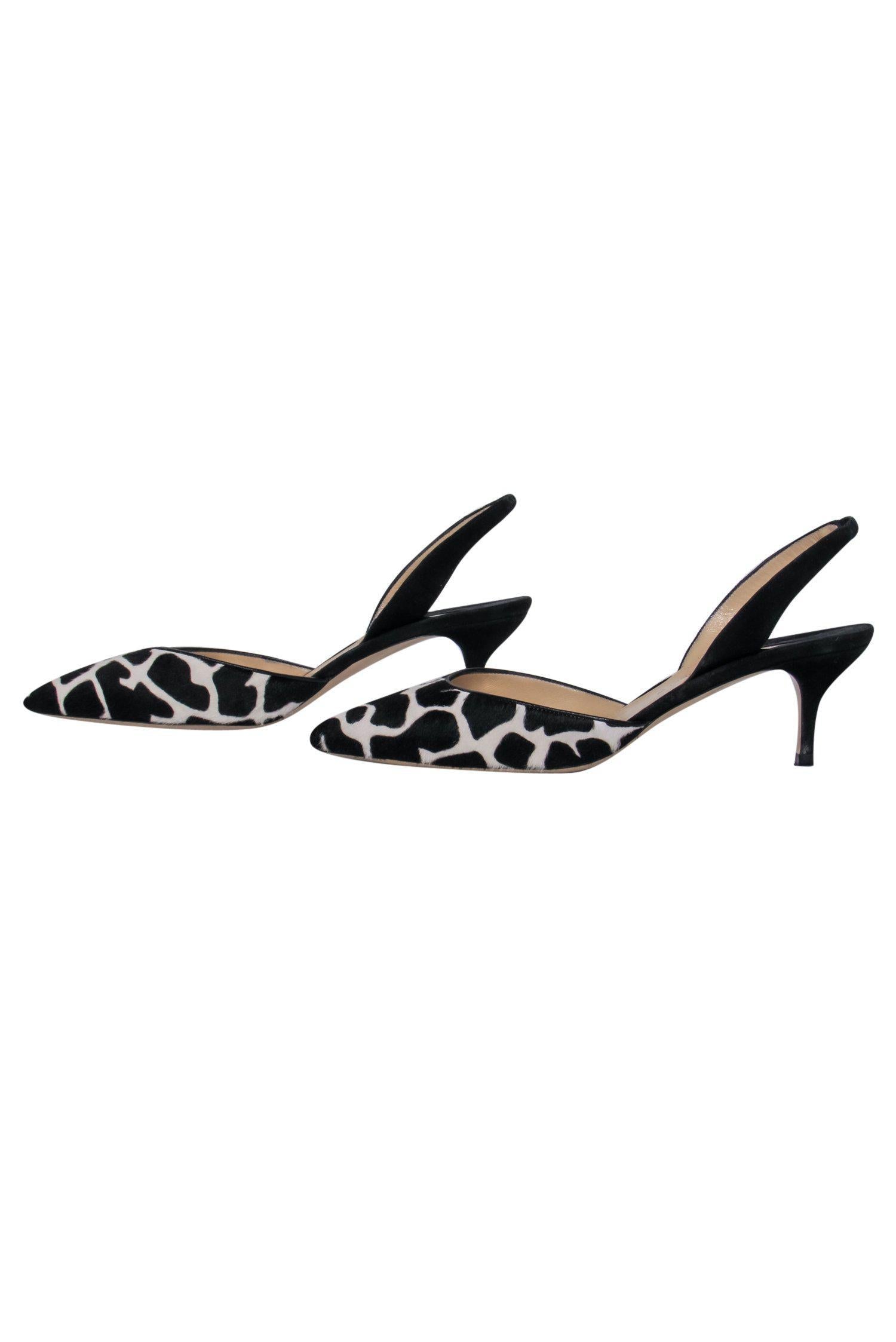 Paul Andrew's Stunning Black & White Giraffe Print Calf Hair Slingback Kitten Pumps - Size 7.5