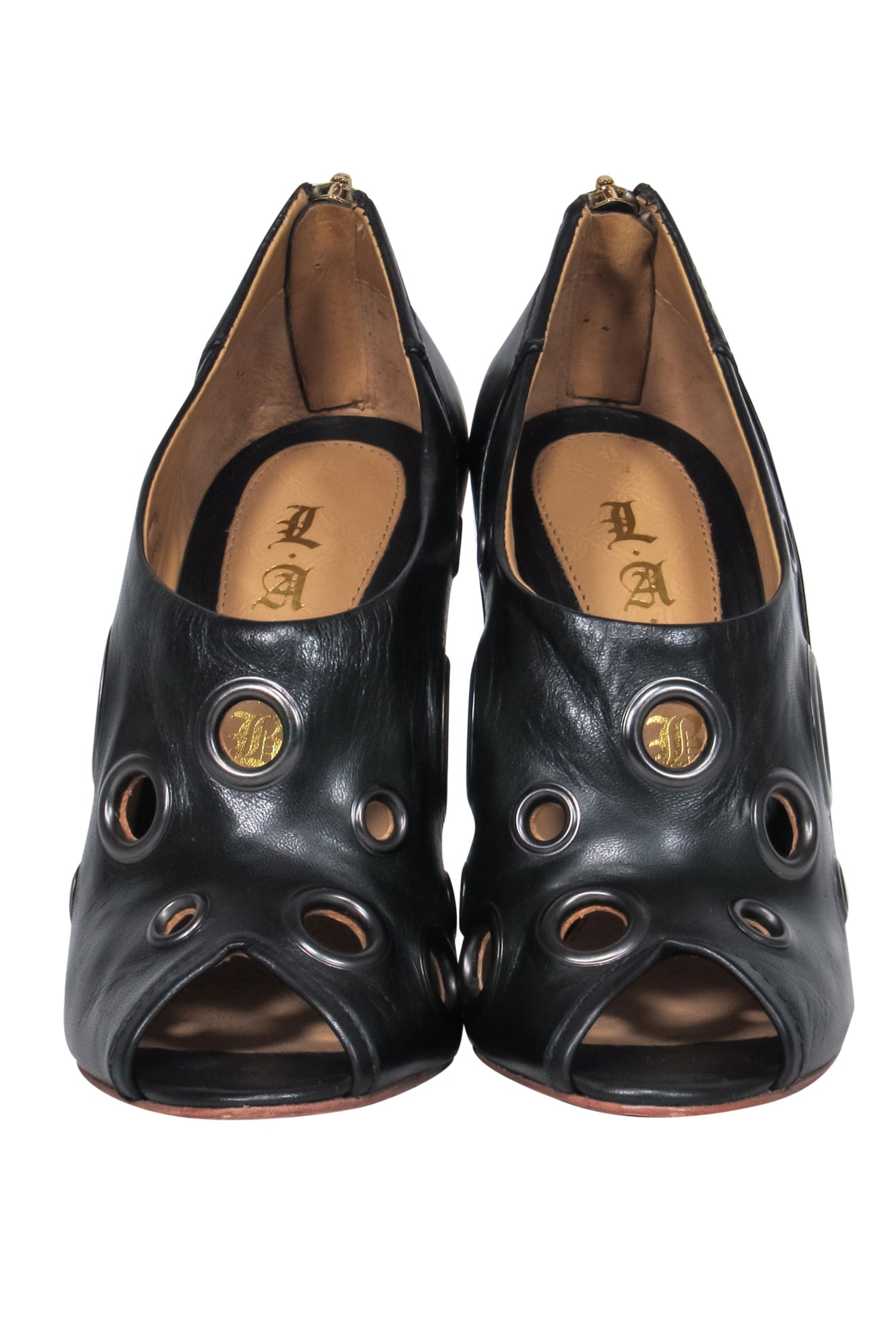 L.A.M.B. Black Leather Peep Toe Heels with Grommets - Size 6: Edgy Fashion Statement!