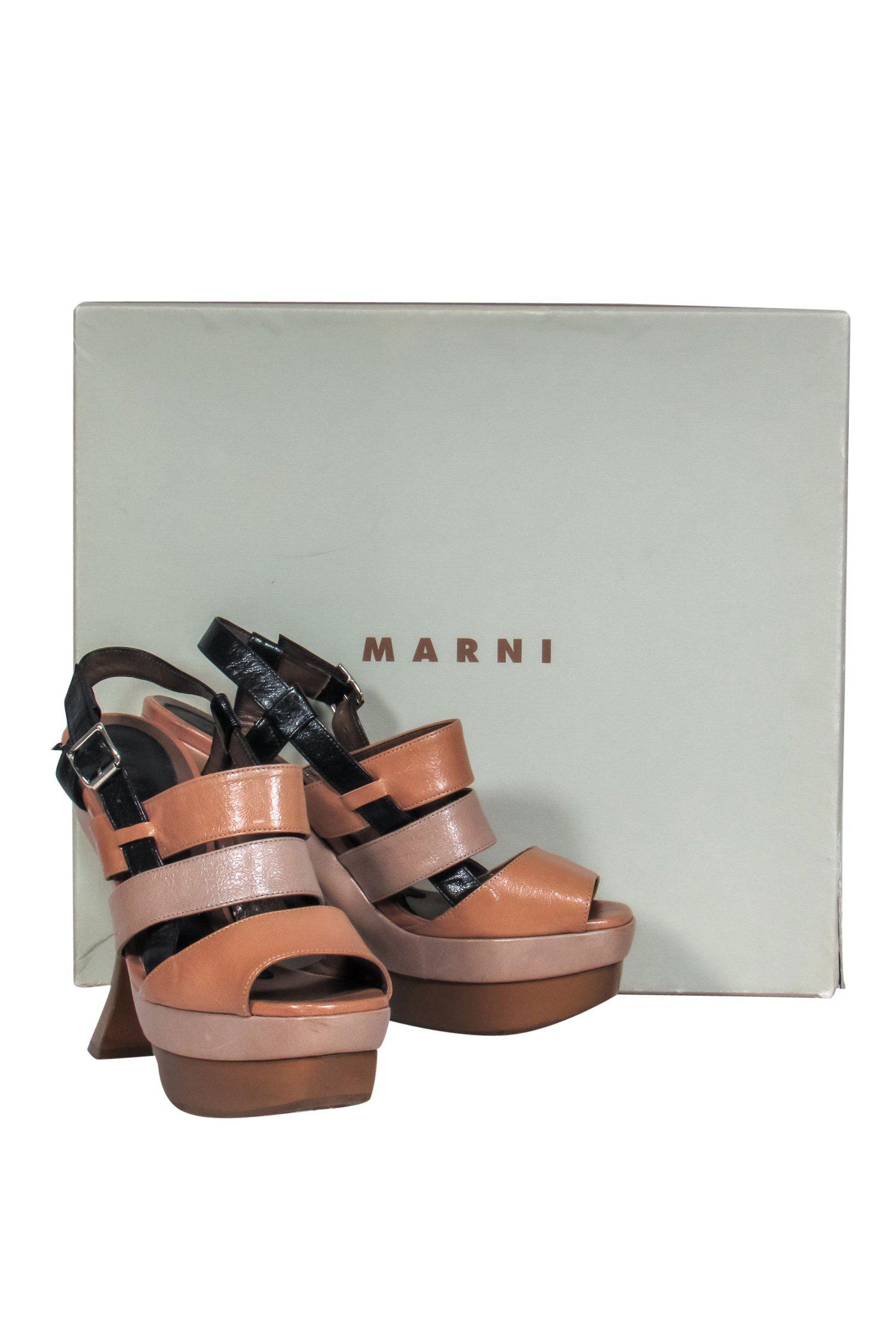 Marni Brown & Black Strappy Platform Sandals with Curved Heel - Size 9: Step into '70s Glam!