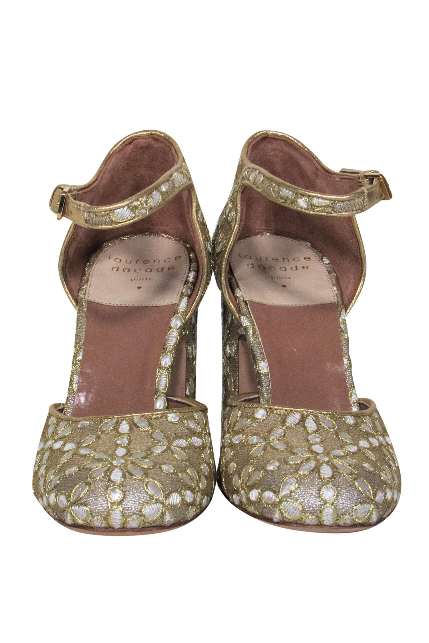 Laurence Dacade Gold Floral Embossed Mary Jane Pumps - Size 7