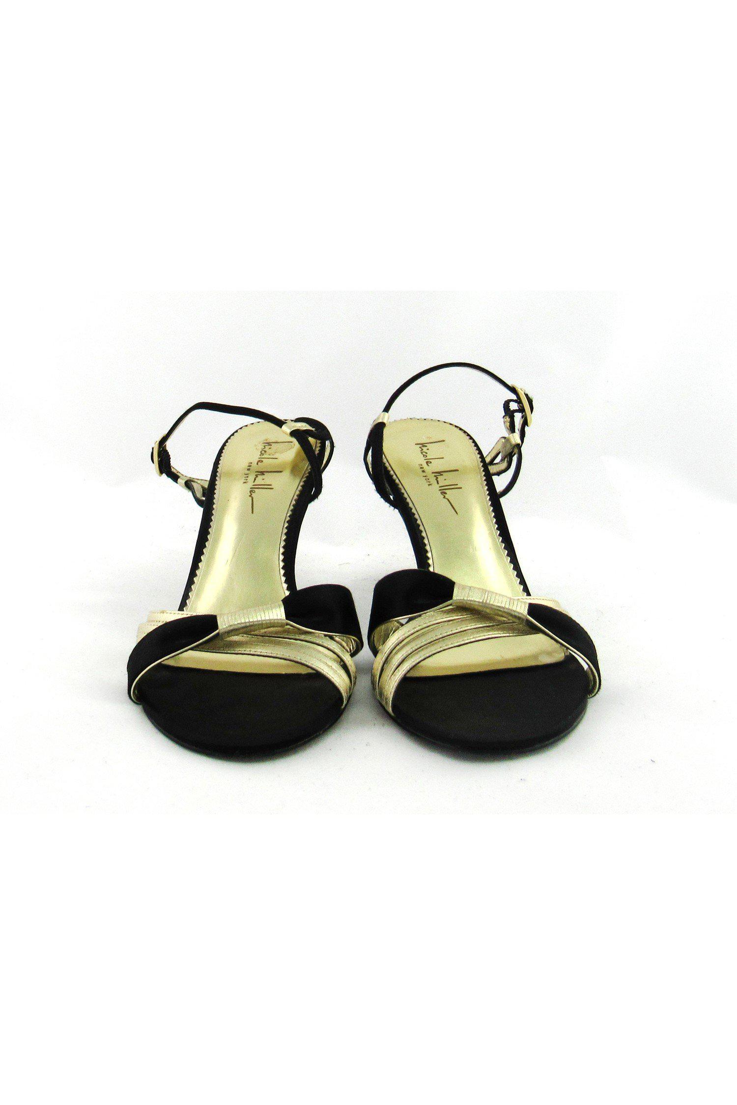 Nicole Miller's Glamorous Gold & Black Strappy Sandals - Size 7.5