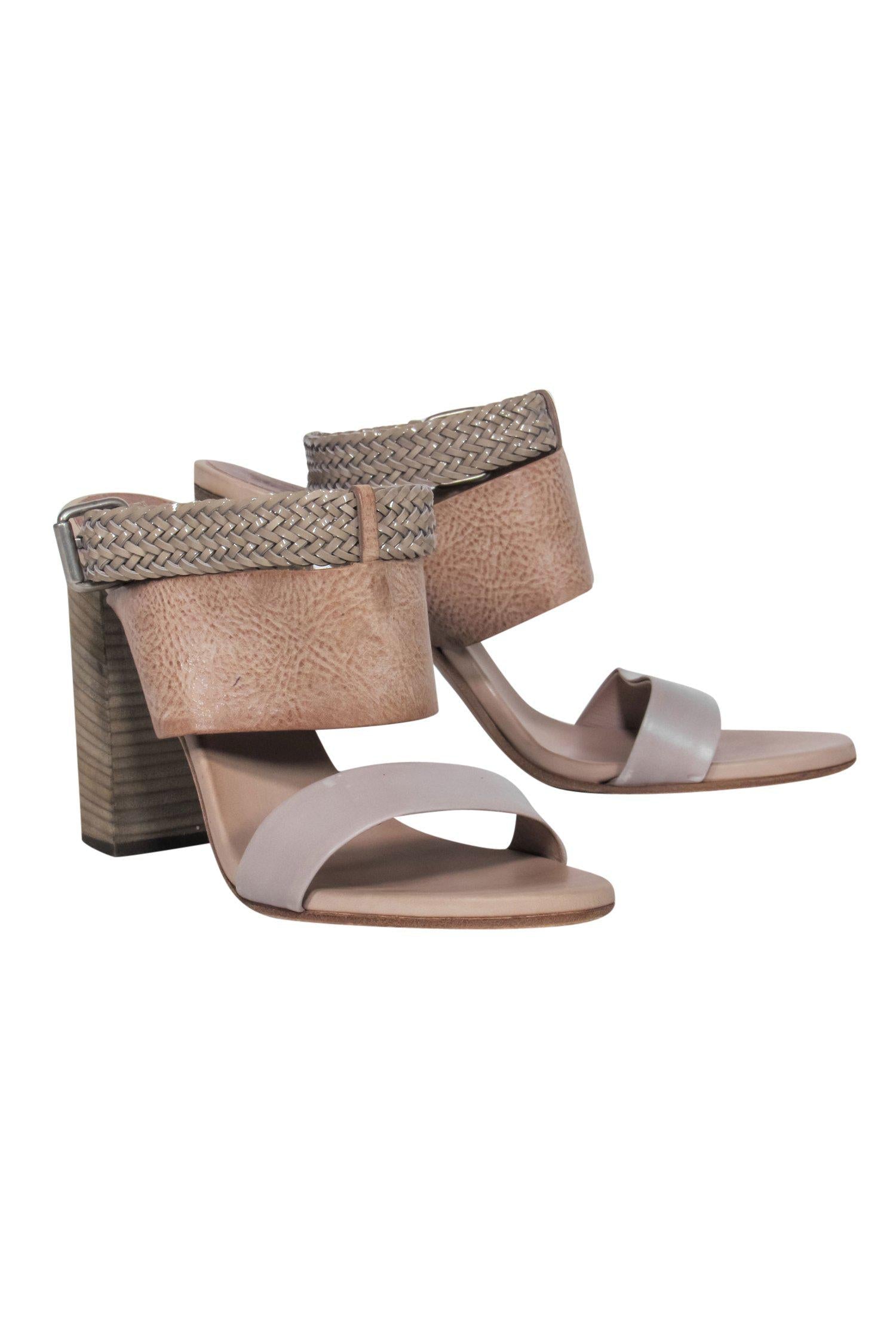 Brunello Cucinelli - Gorgeous Tan Pebbled & Braided Leather Block Mule Heels, Size 11