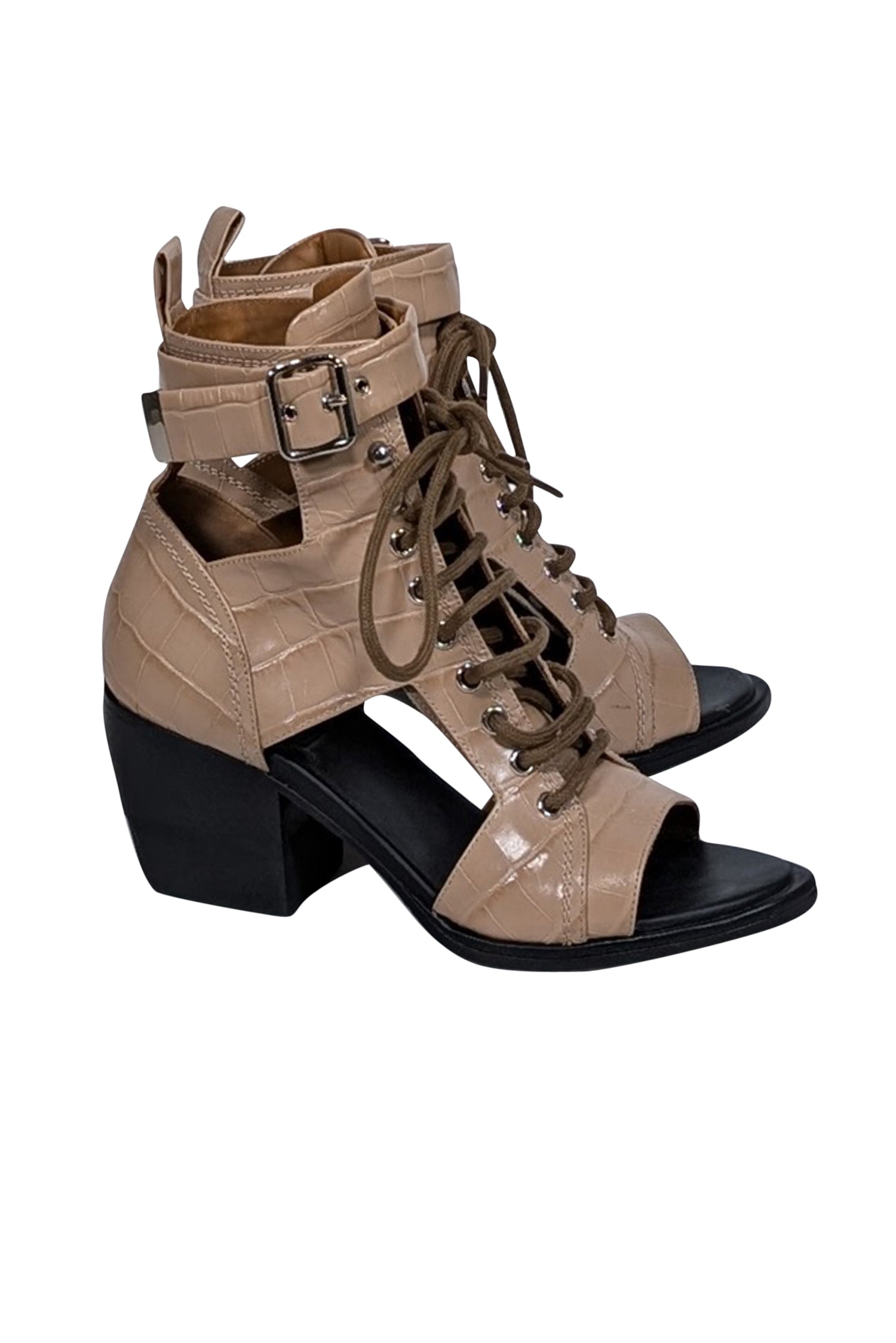 Chloe - Stylish Beige Croc Embossed Cutout Lace Up Short Boots in Size 9