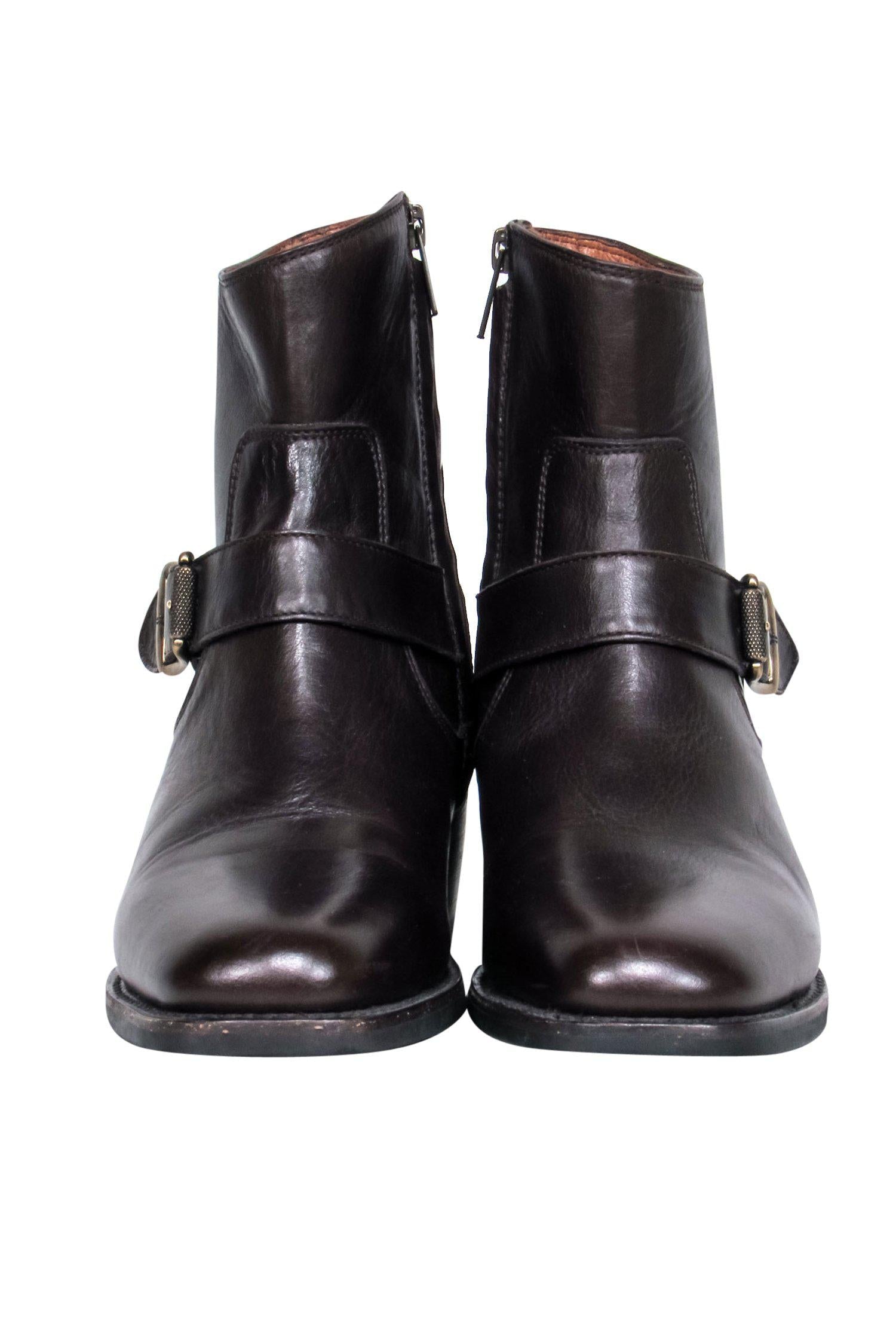Frye's Stylish Brown Leather Ankle Booties with Buckle - Size 8.5