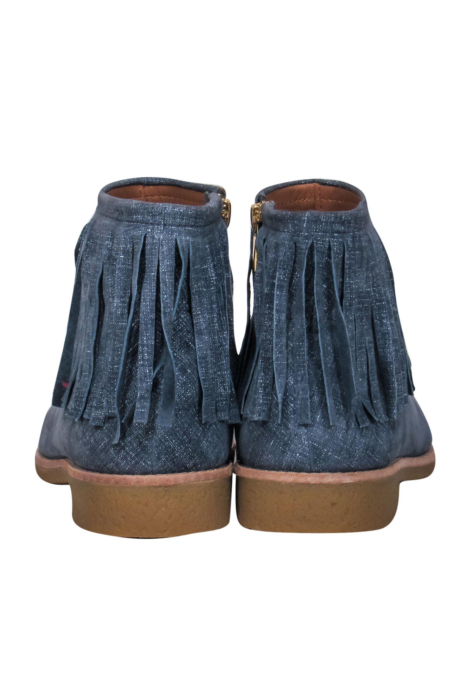 Kate Spade Blue Metallic Chambray 'Bestie' Fringe Booties - Size 9