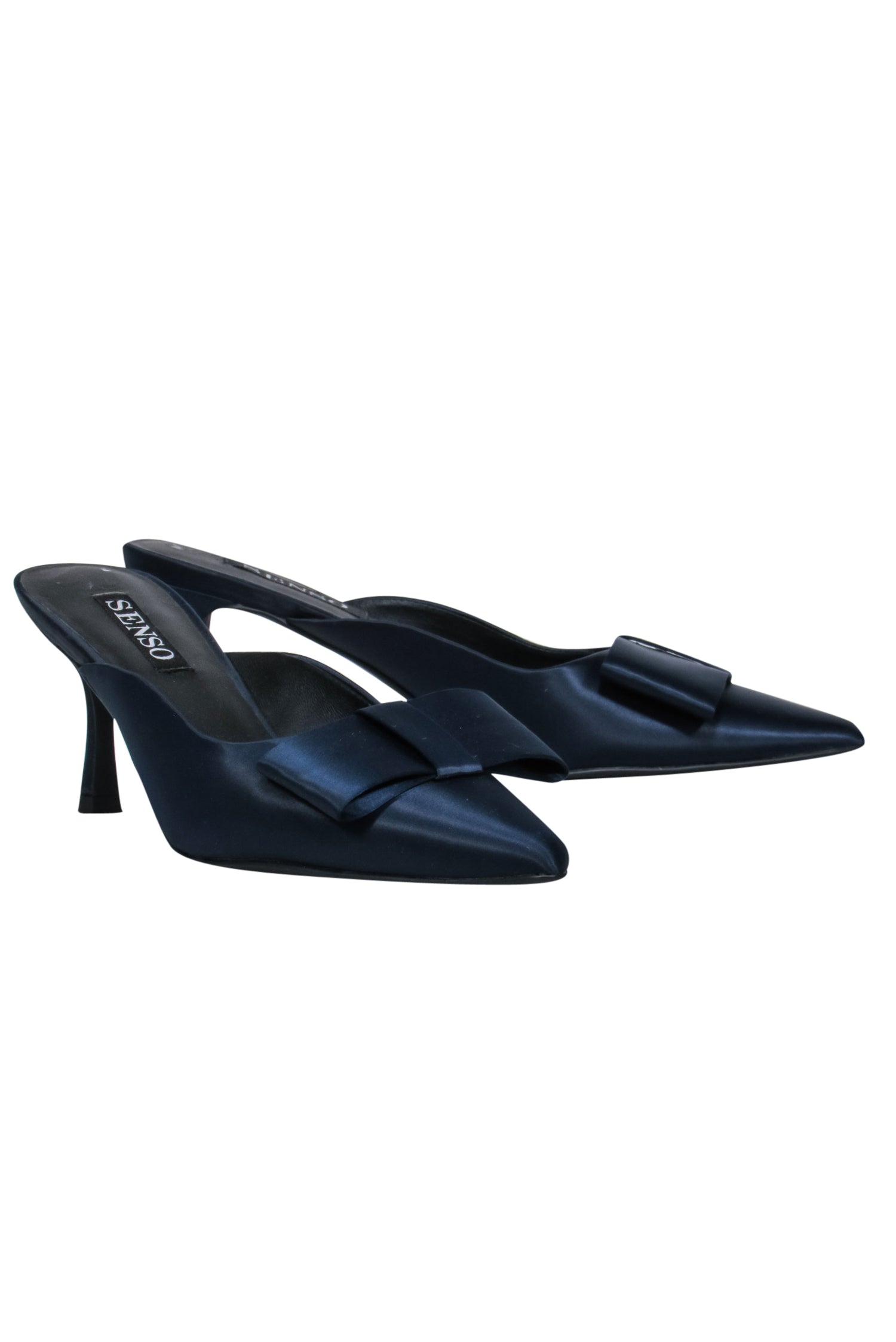 Enchanting Navy Silk Satin Pointed Toe Mule Heels with Bows - Size 8