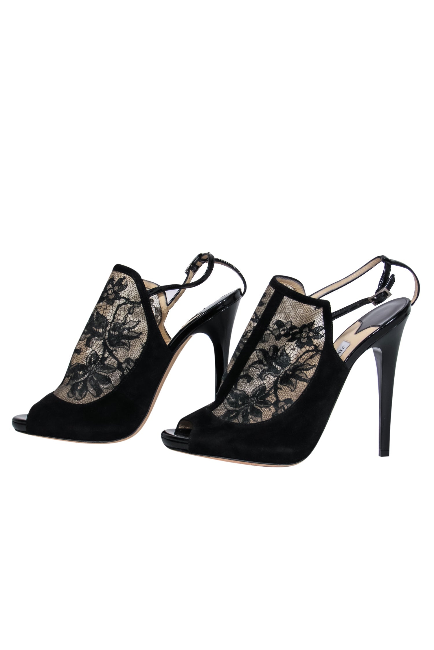 Jimmy Choo's Alluring Black Suede & Lace Slingback Stiletto Pumps - Size 8.5