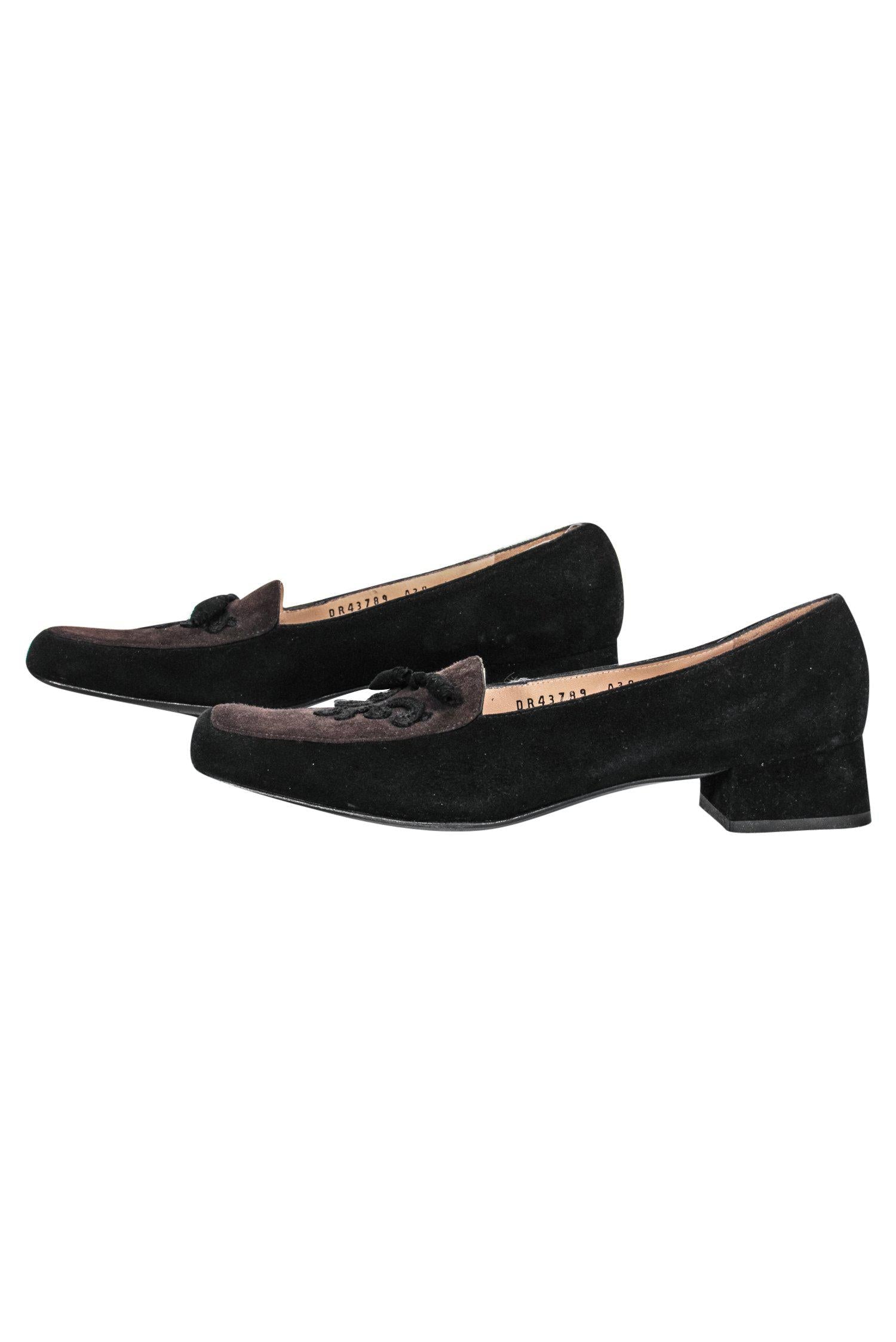 Ferragamo Black & Brown Suede Loafers - Size 6.5: Timeless Office Style