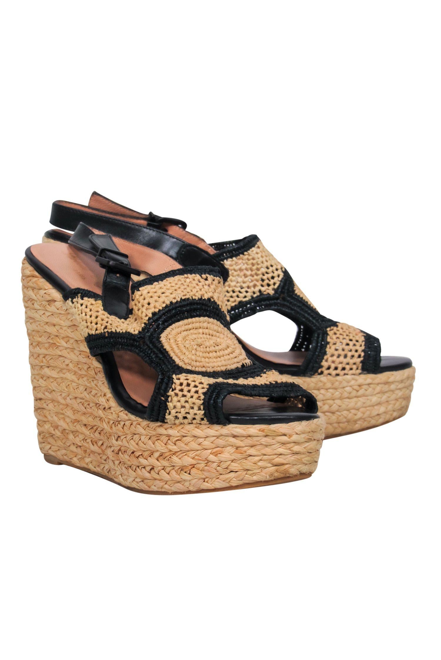 Robert Clergerie Tan Woven Platform Wedges with Black Trim - Size 9.5