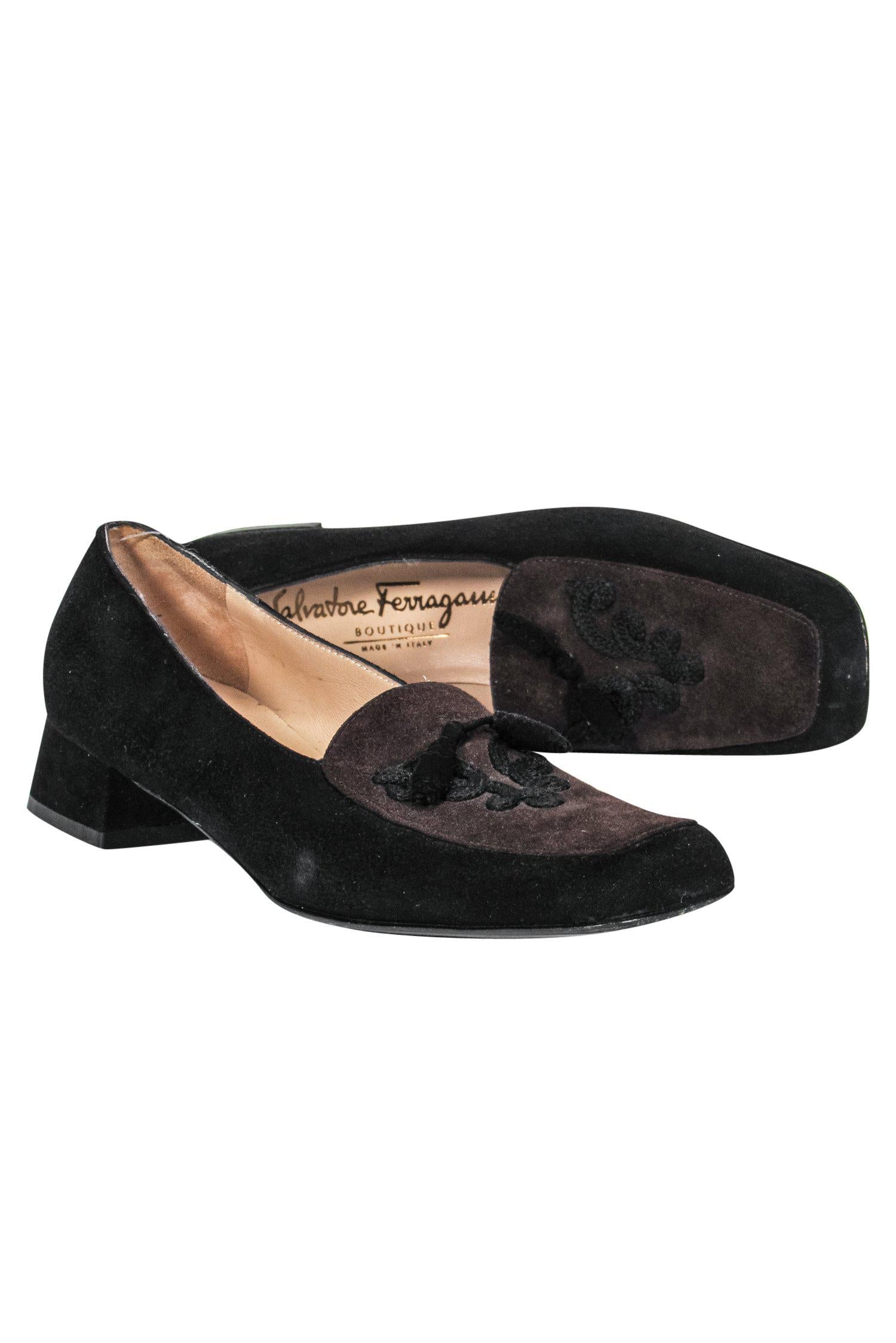 Ferragamo Black & Brown Suede Loafers - Size 6.5: Timeless Office Style