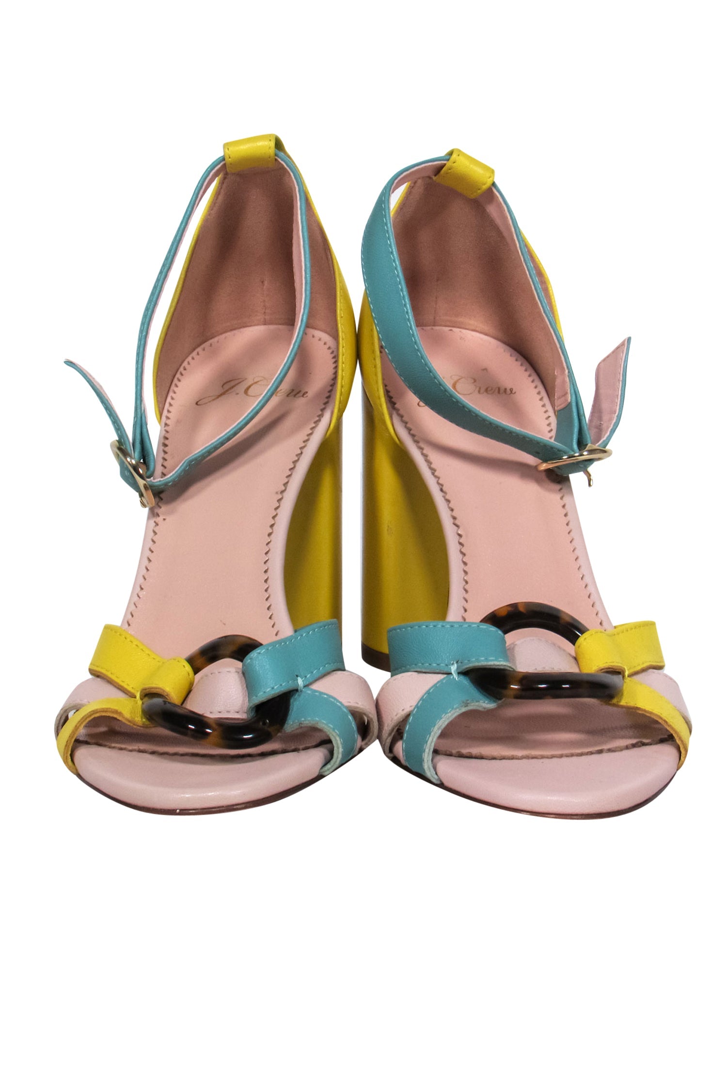 J.Crew's Stunning Yellow & Green Leather Block Heels with Tortoise Shell Buckle - Size 7