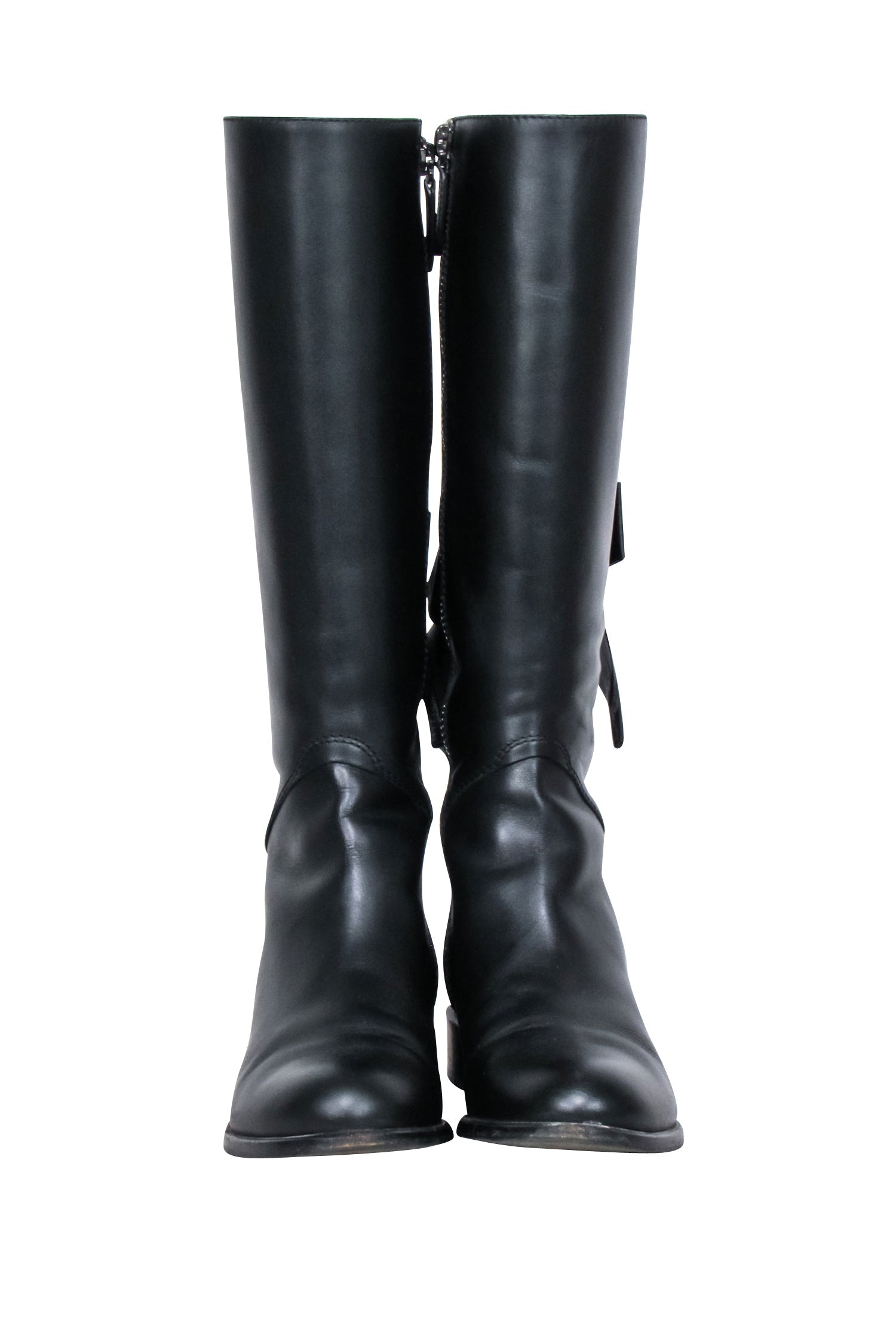 Valentino Black Leather Tall Boots with Lace - Up Bow, Size 7