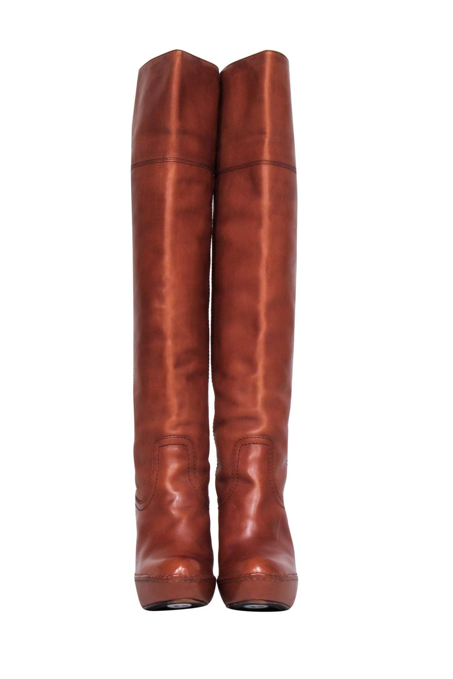 Frye Brown Leather Over-the-Knee Platform Heeled Boots - Size 8.5: A Must-Have for Fall Nights Out