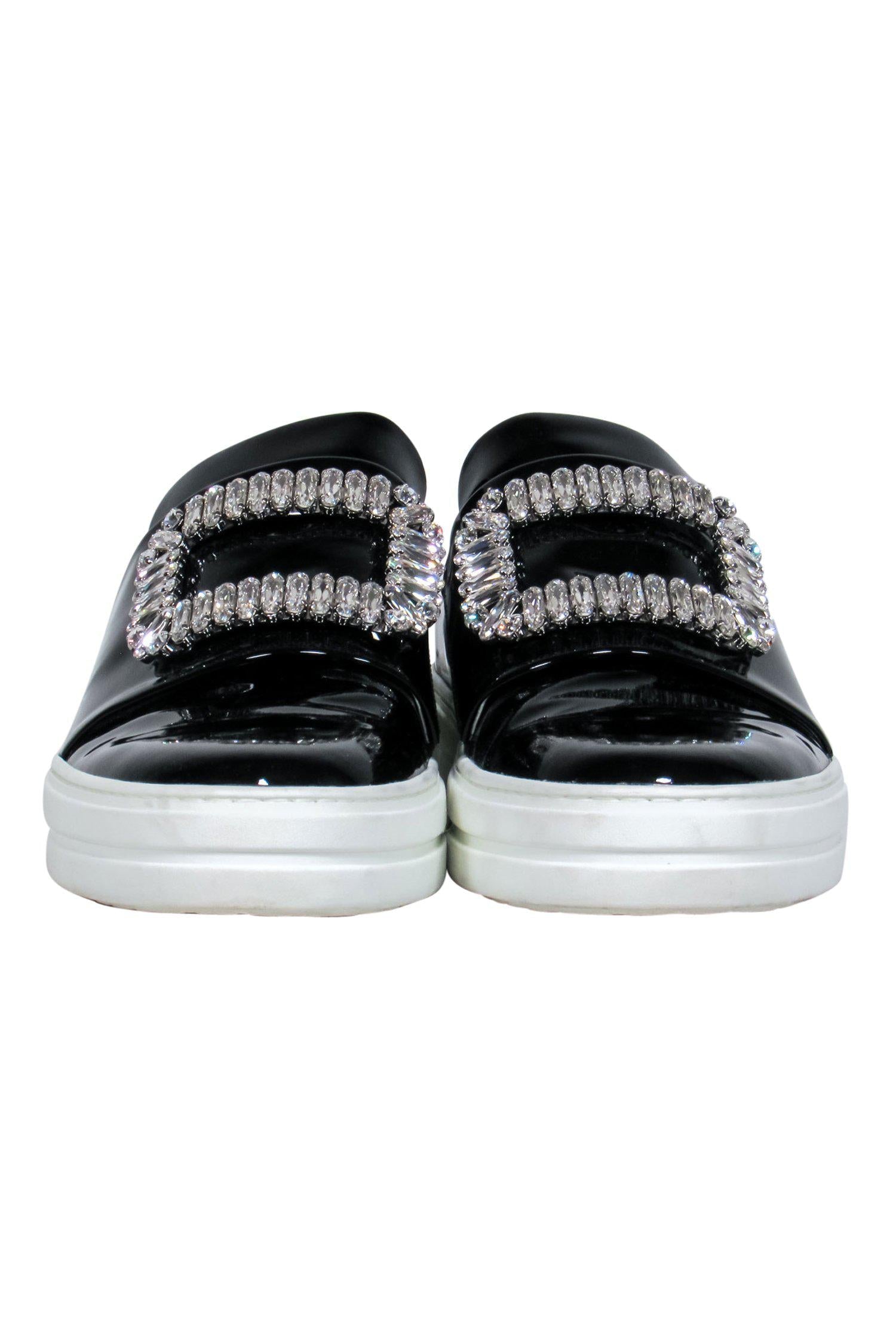 Roger Vivier - Stunning Black Patent Leather Platform Sneakers with Jeweled Button Design, Size 8.5