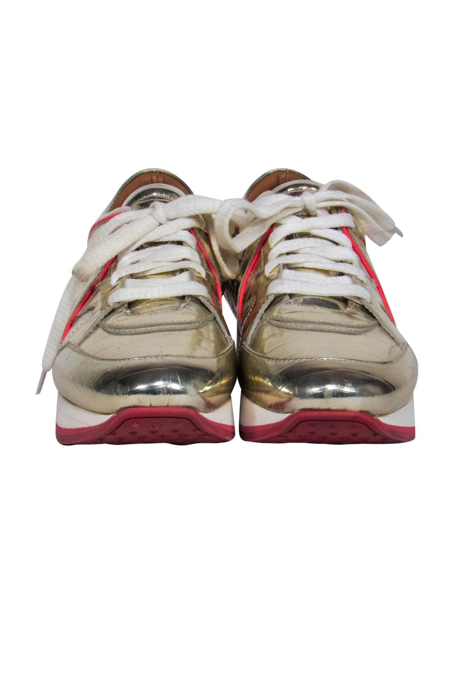 Jimmy Choo Gold Reptile-Embossed Lace-Up Platform Sneakers with Pink Trim - Size 5.5